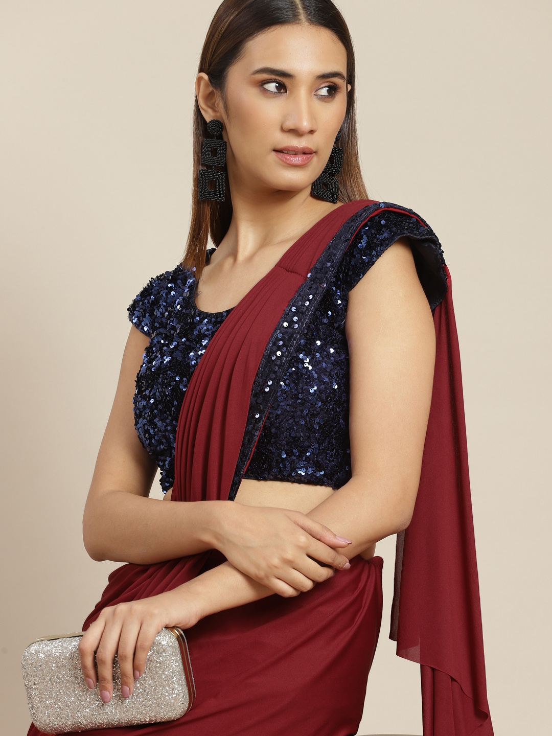 

Grancy Maroon Solid Ready to Wear Saree with Sequinned Detail