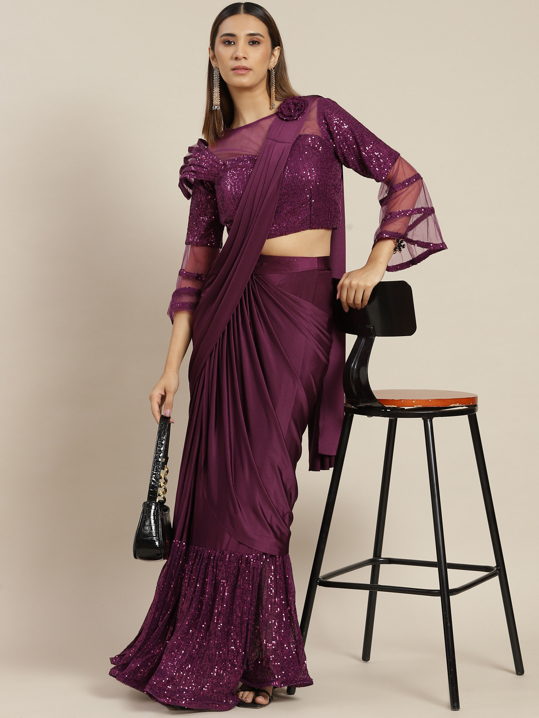 

Grancy Burgundy Solid Ready to Wear Saree with Sequin Detail