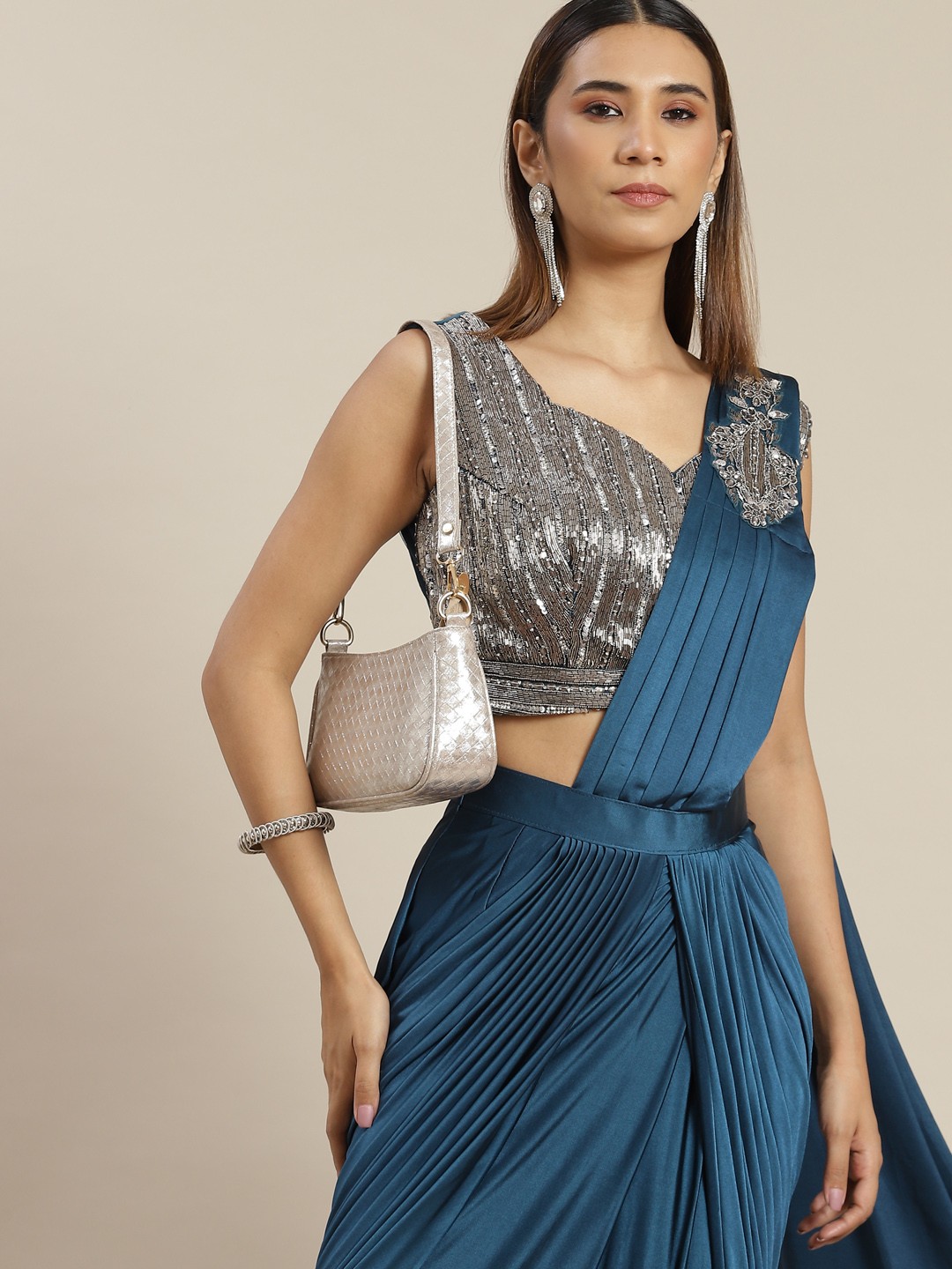 

Grancy Turquoise Blue Sequinned Ready to Wear Saree