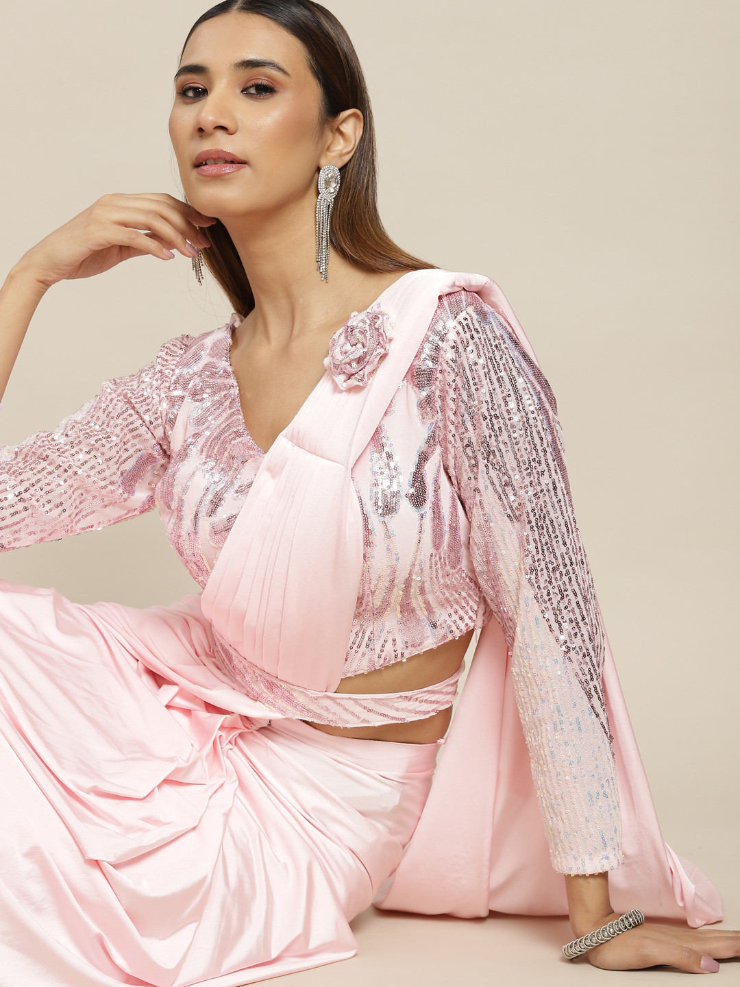 

Grancy Pink Sequinned Ready to Wear Saree