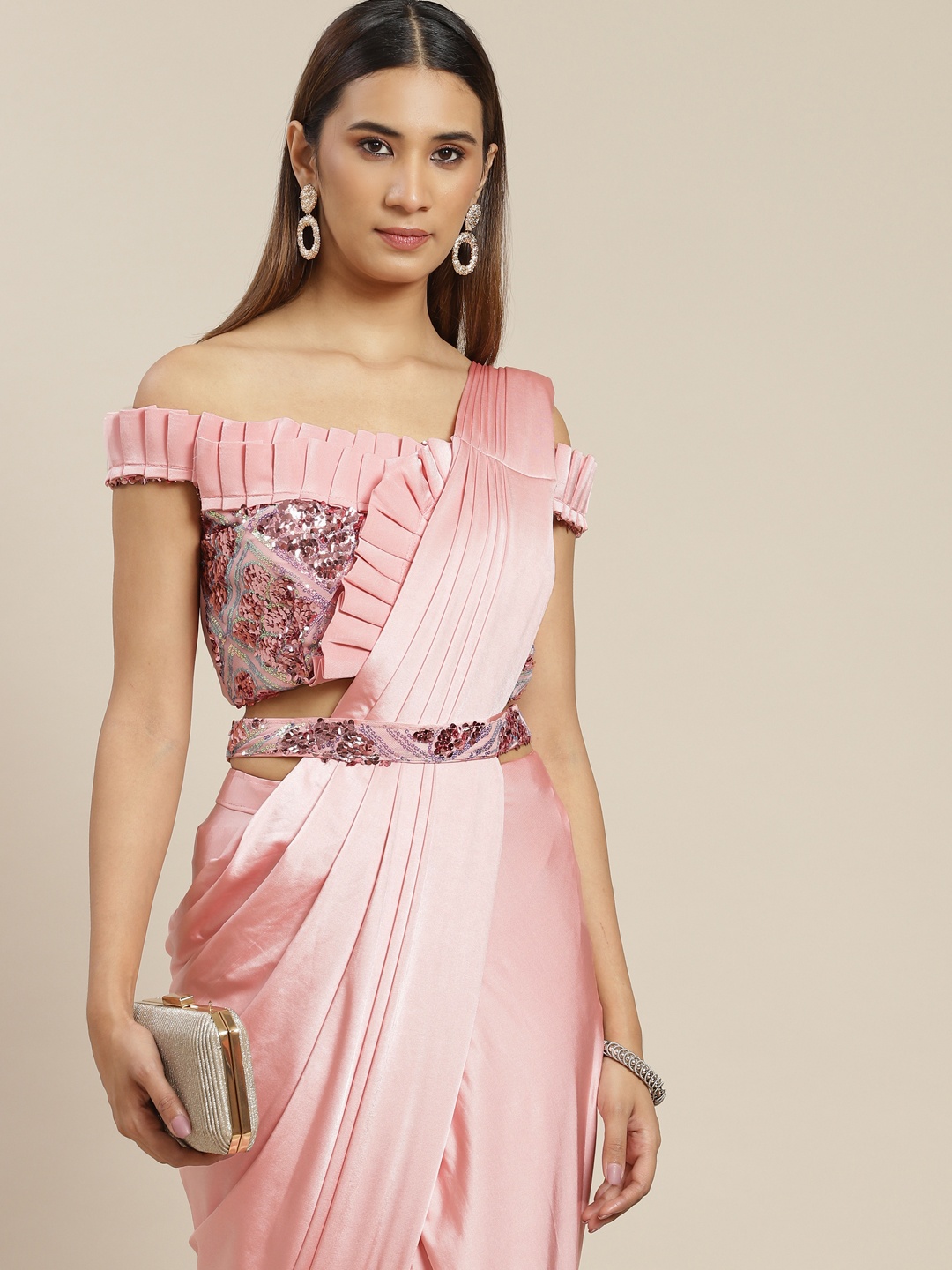 

Grancy Pink Sequinned Ready to Wear Saree