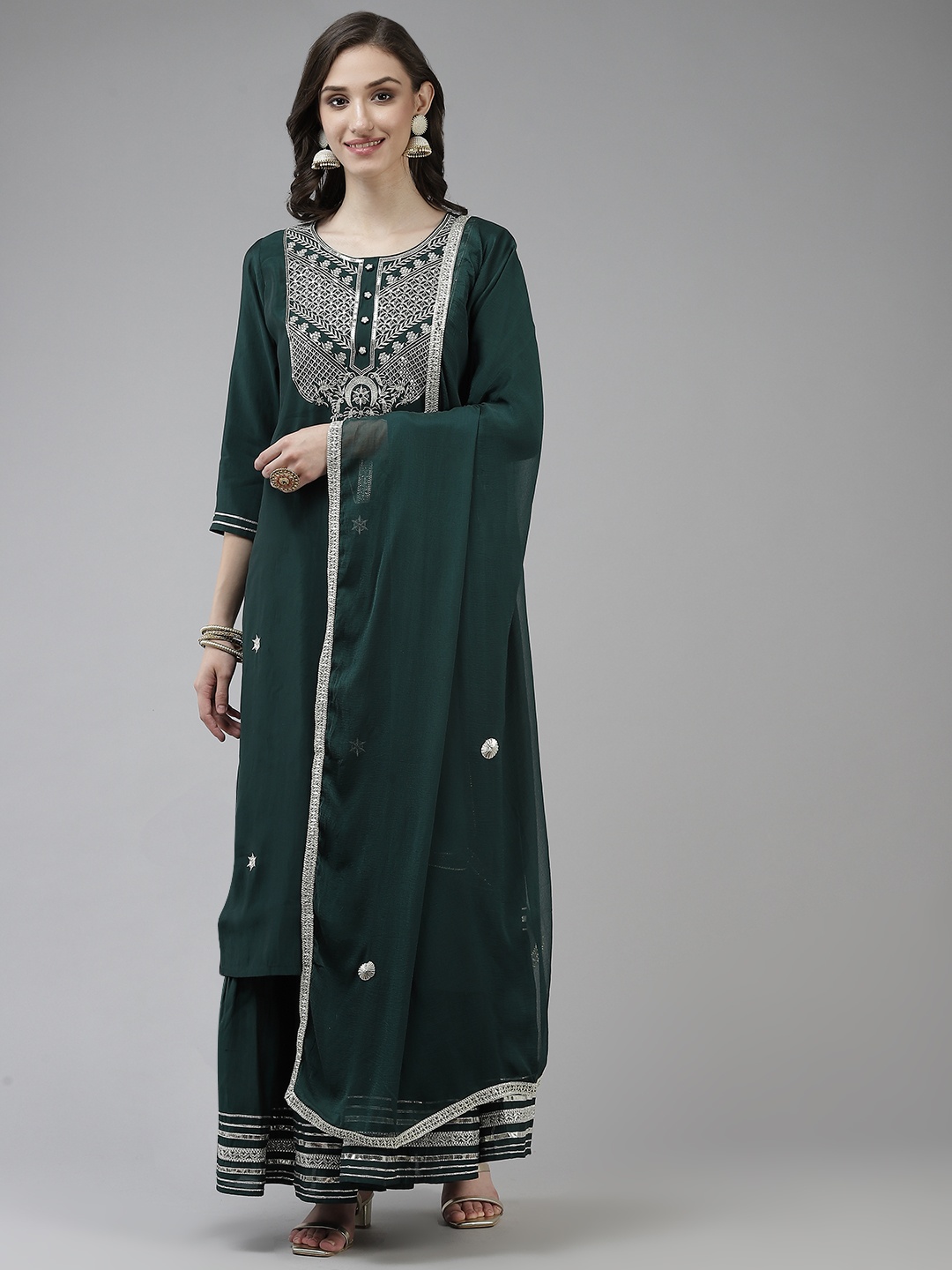 

Yufta Women Teal Green Ethnic Motifs Yoke Design Sequinned Kurta with Sharara & Dupatta