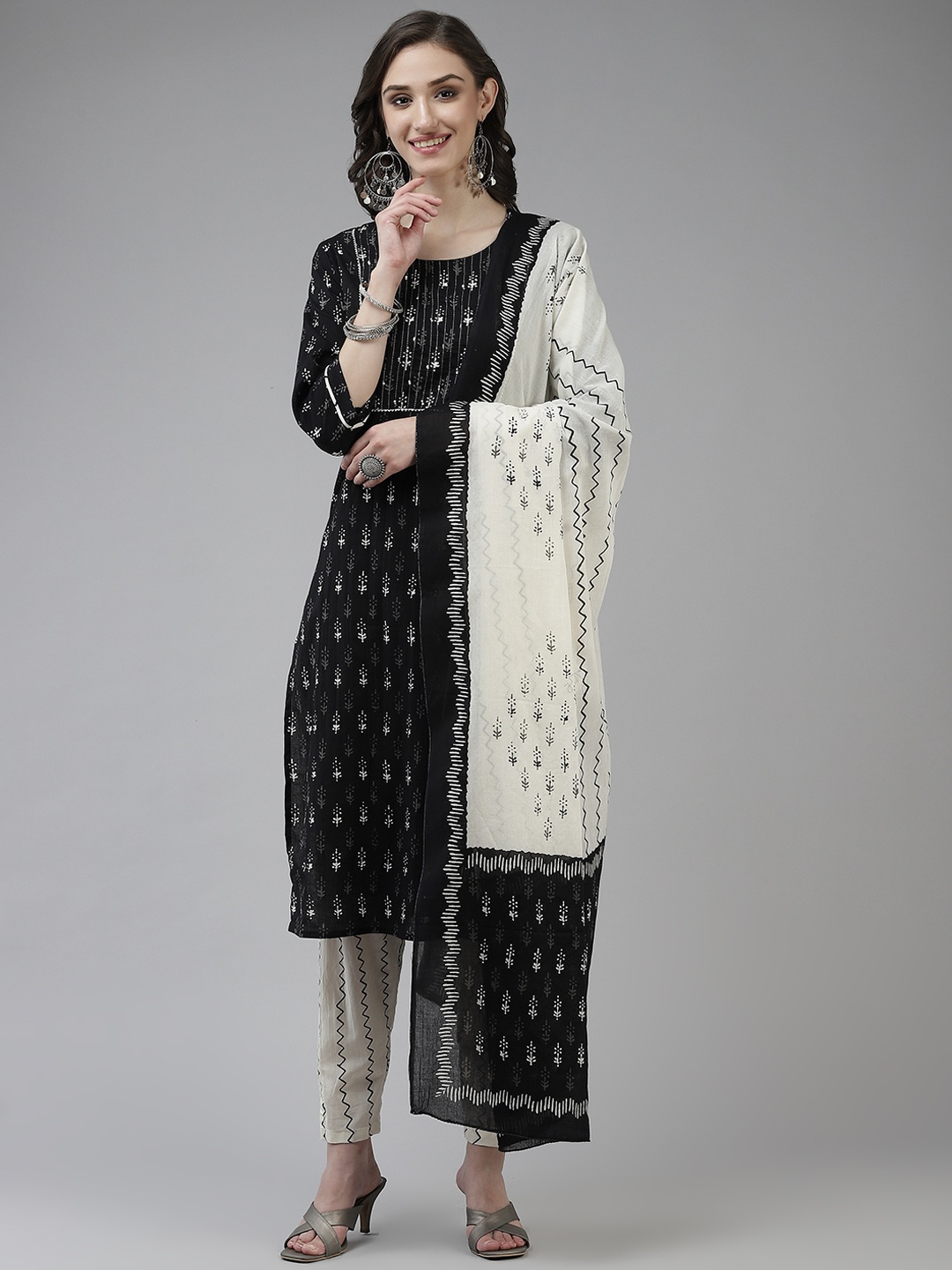 

Yufta Women Black Ethnic Motifs Printed Gotta Patti Cotton Kurta with Trousers & Dupatta