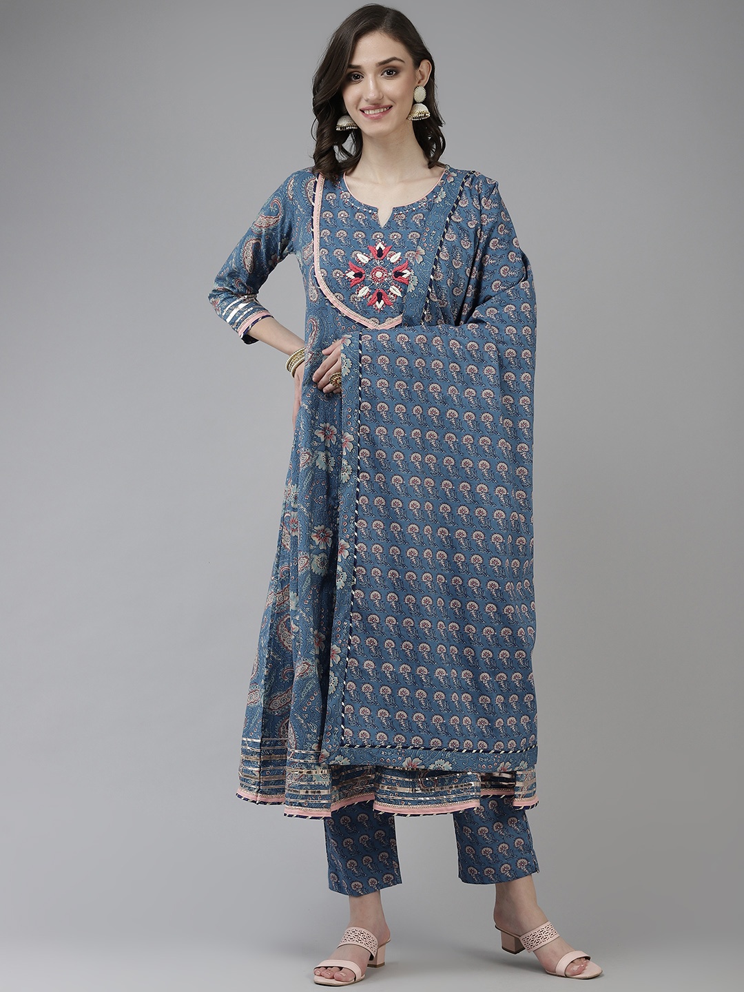 

Yufta Women Blue Ethnic Motifs Printed Gotta Patti Cotton Kurta with Trousers & Dupatta