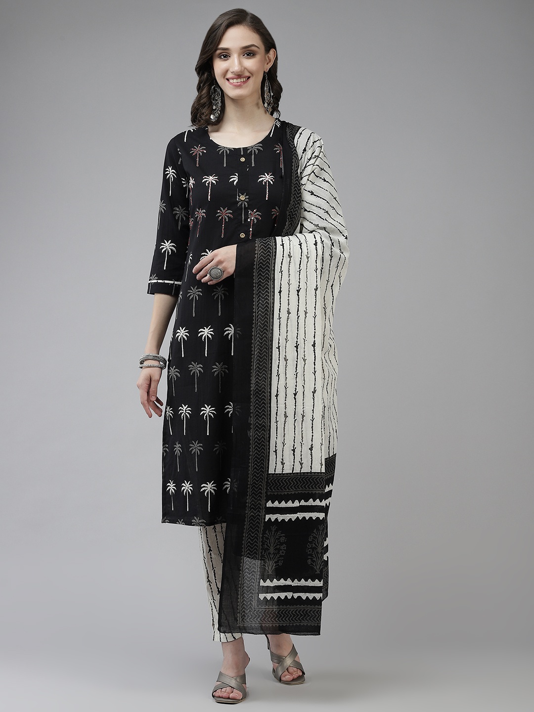 

Yufta Women Black Ethnic Motifs Printed Pure Cotton Kurta with Trousers & Dupatta