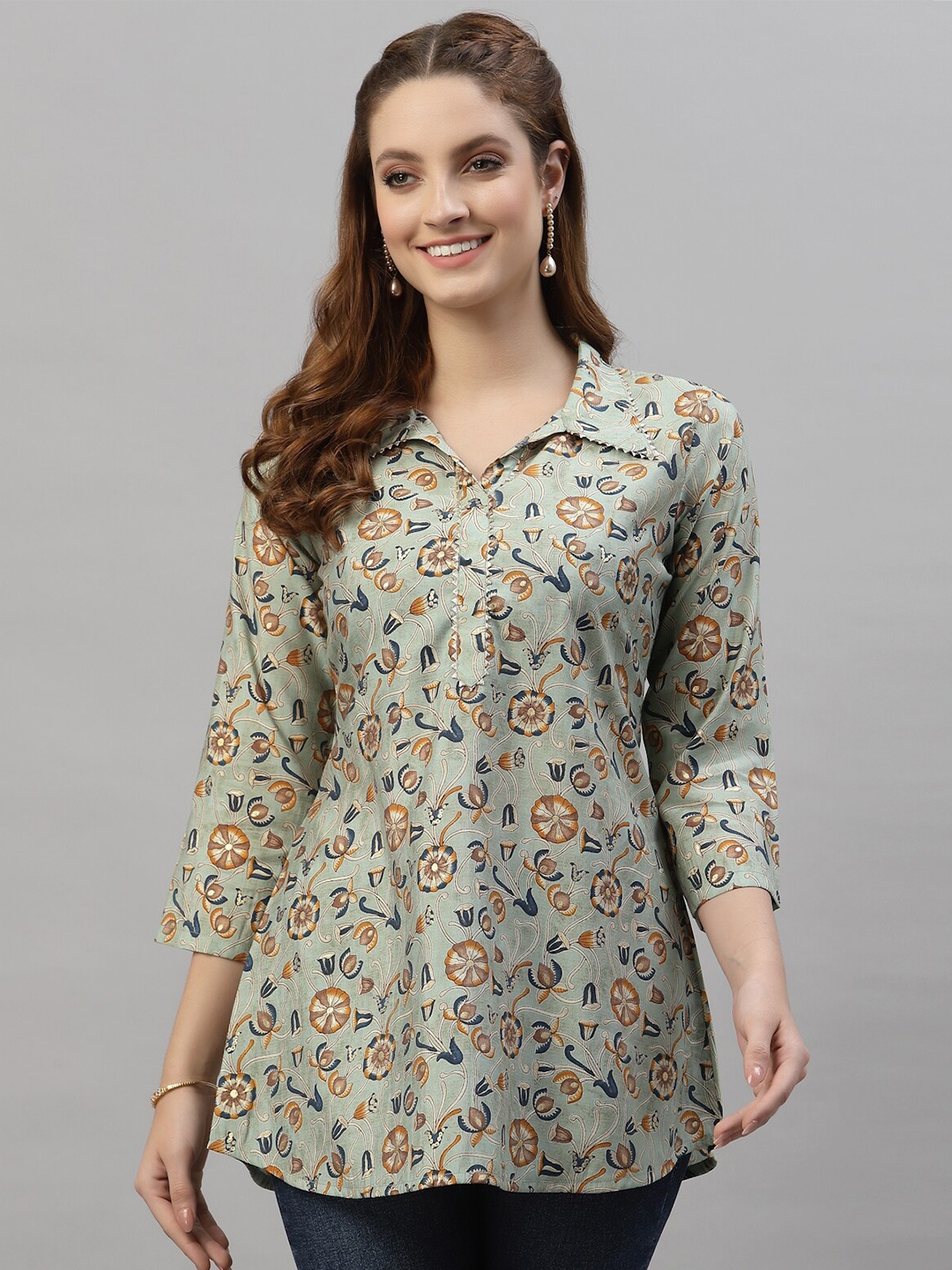 

TANKHI Green & Blue Modal Shirt Collar Floral Printed Tunic