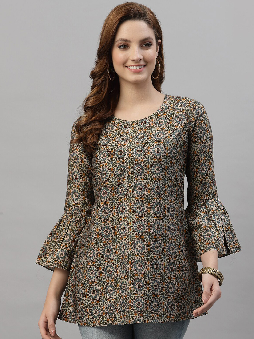 

TANKHI Green & Brown Modal Printed Tunic