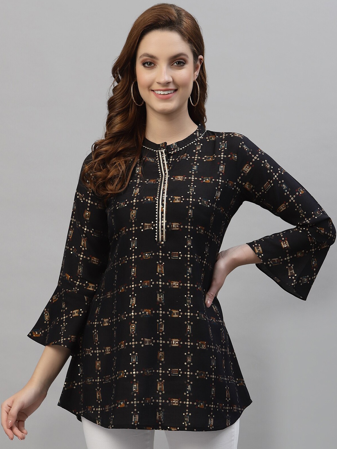 

TANKHI Black & Golden Modal Printed Tunic