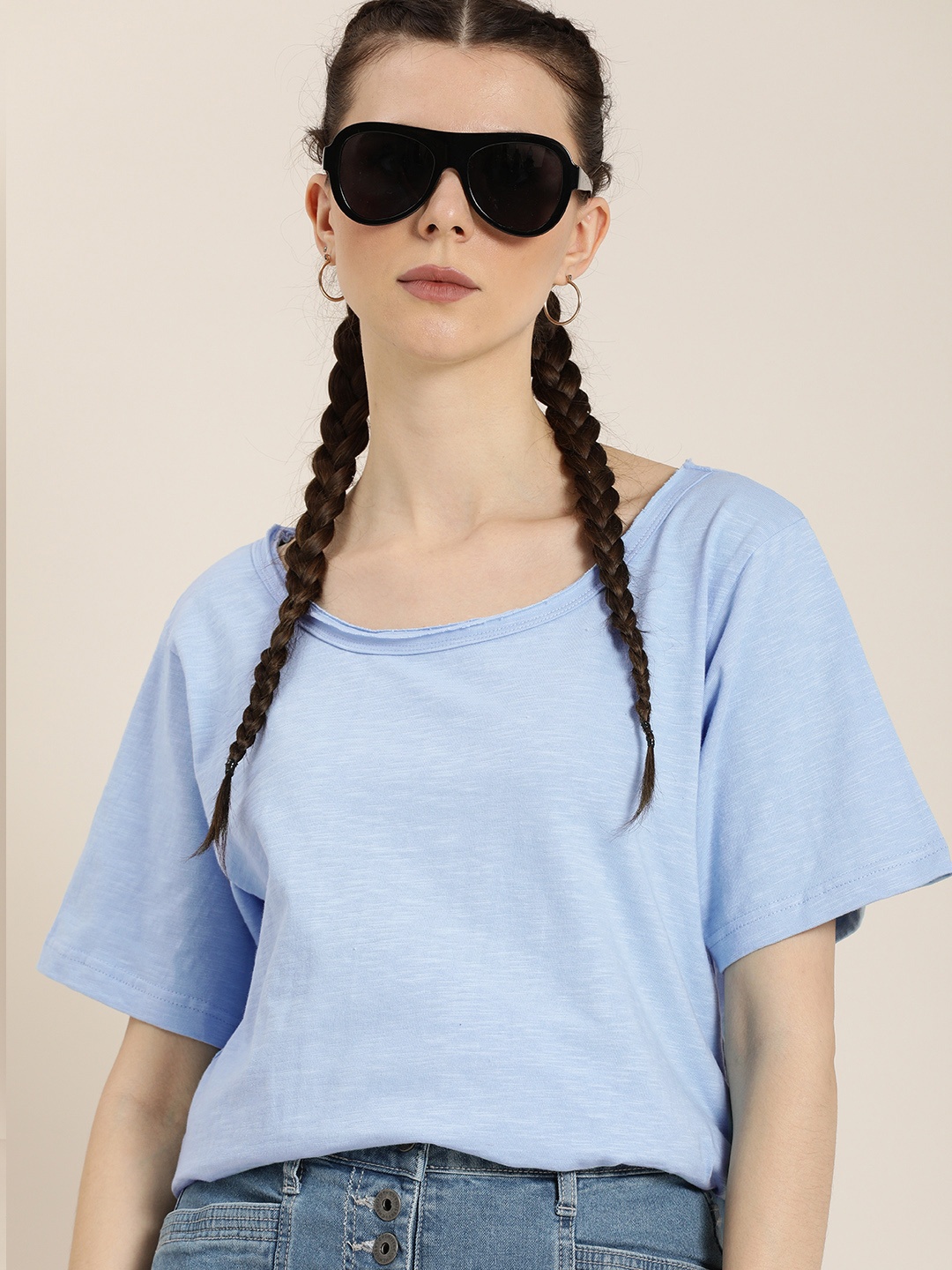 

DILLINGER Women Blue Solid Drop-Shoulder Sleeves Pure Cotton Oversized T-shirt