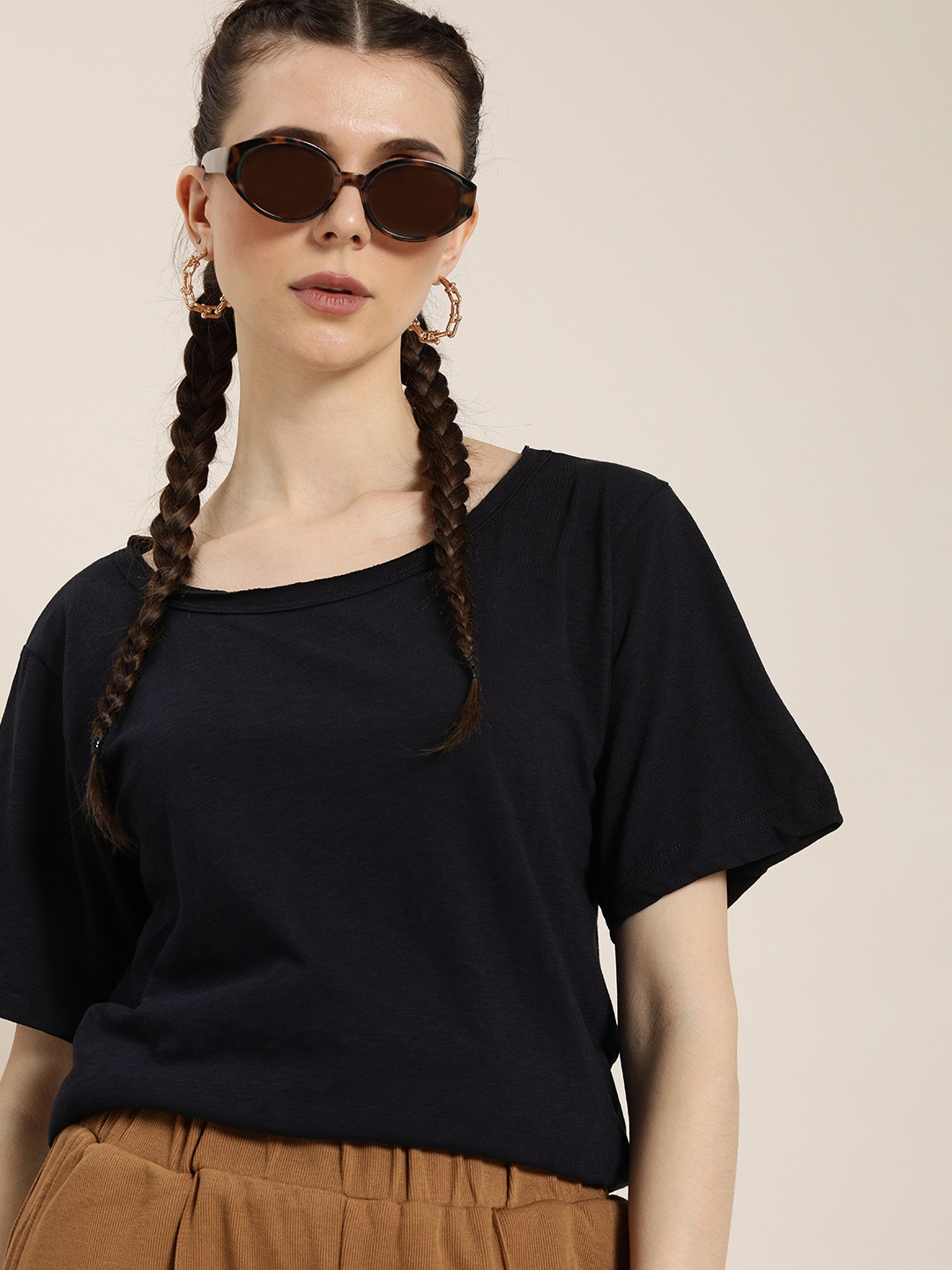

DILLINGER Women Navy Blue Solid Drop-Shoulder Sleeves Pure Cotton Oversized T-shirt