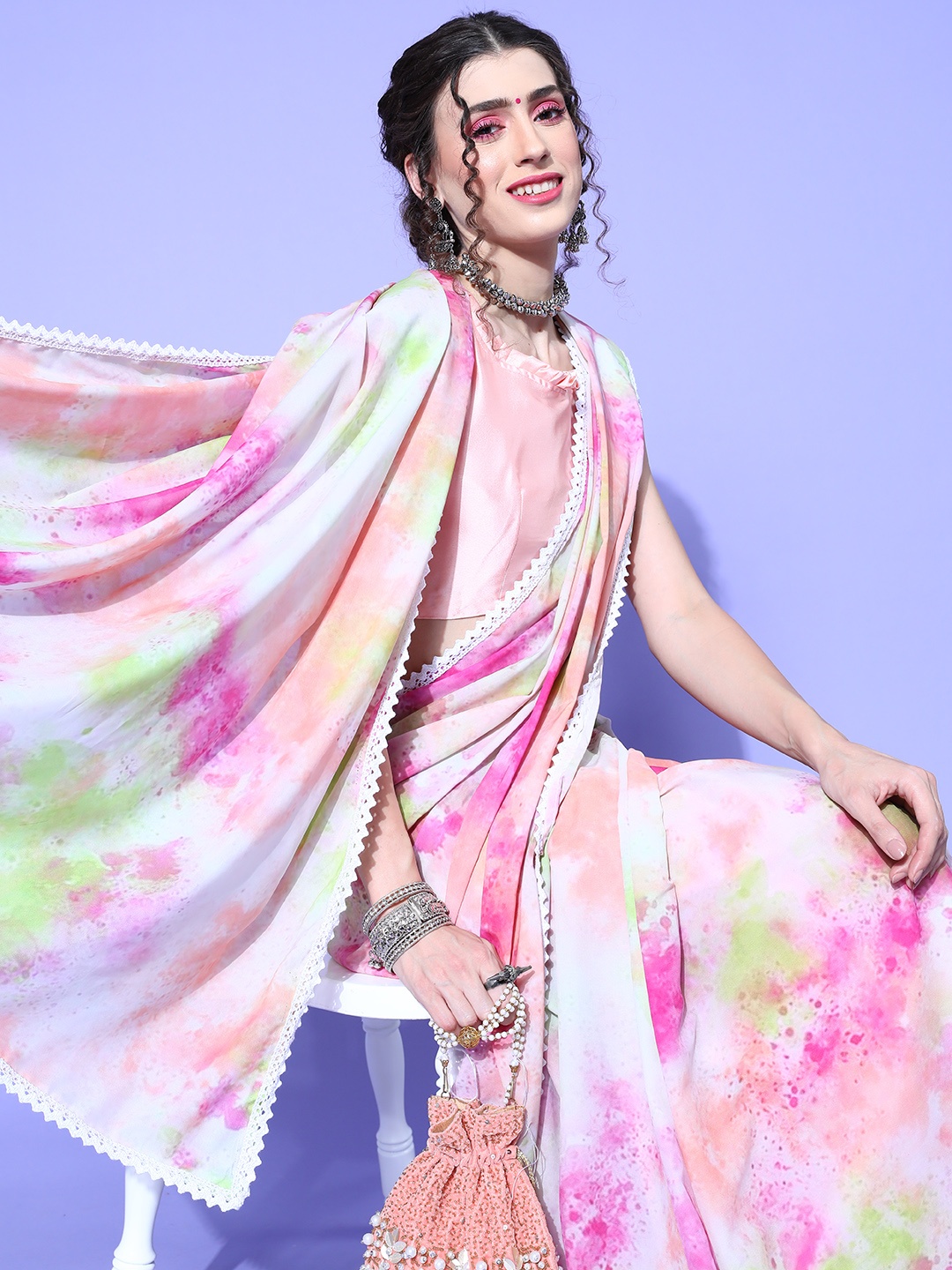 

Saree mall Floral Organza Saree with Embellished Border, Pink