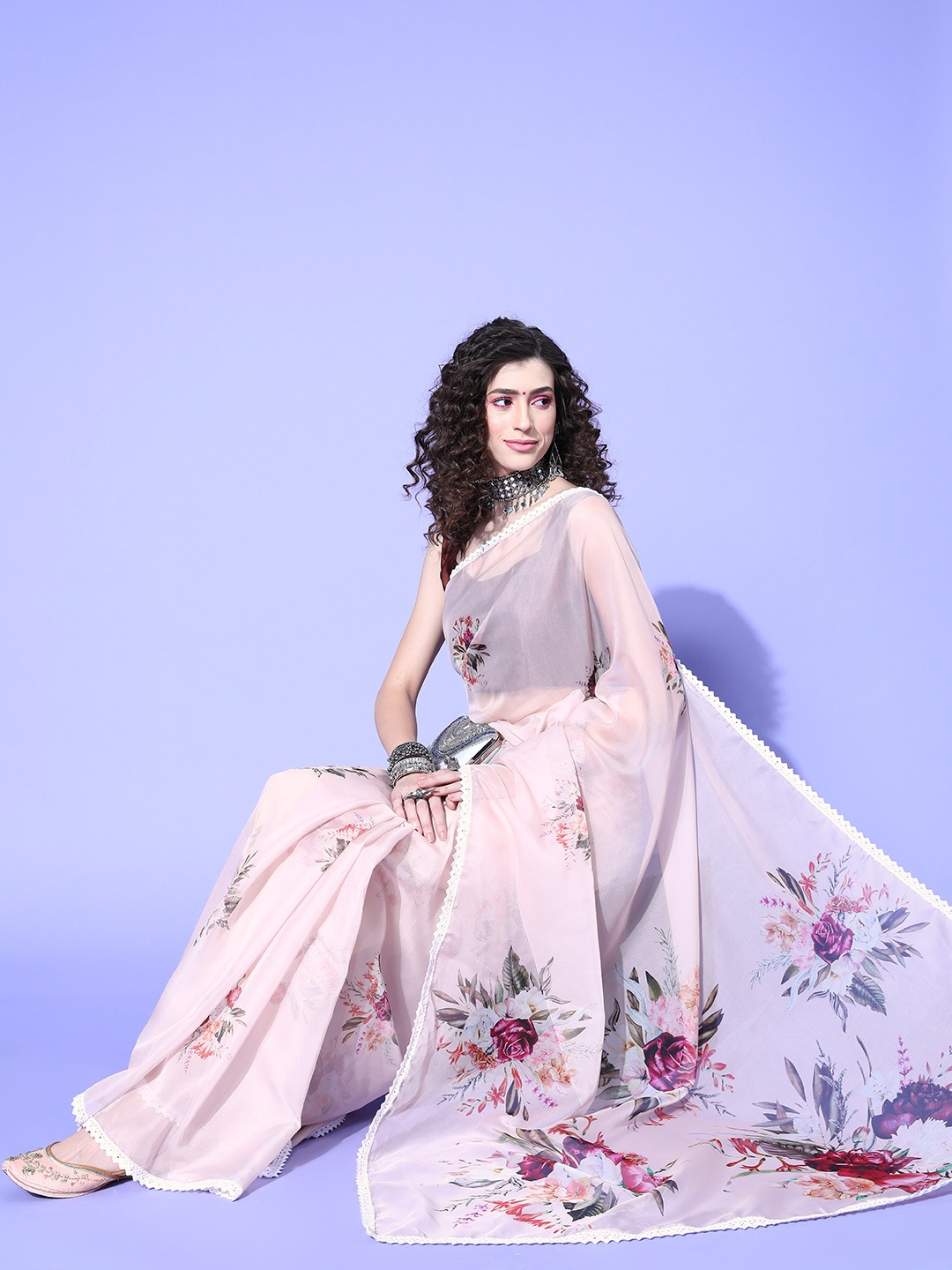 

Saree mall Floral Saree with Embellished Border, Off white