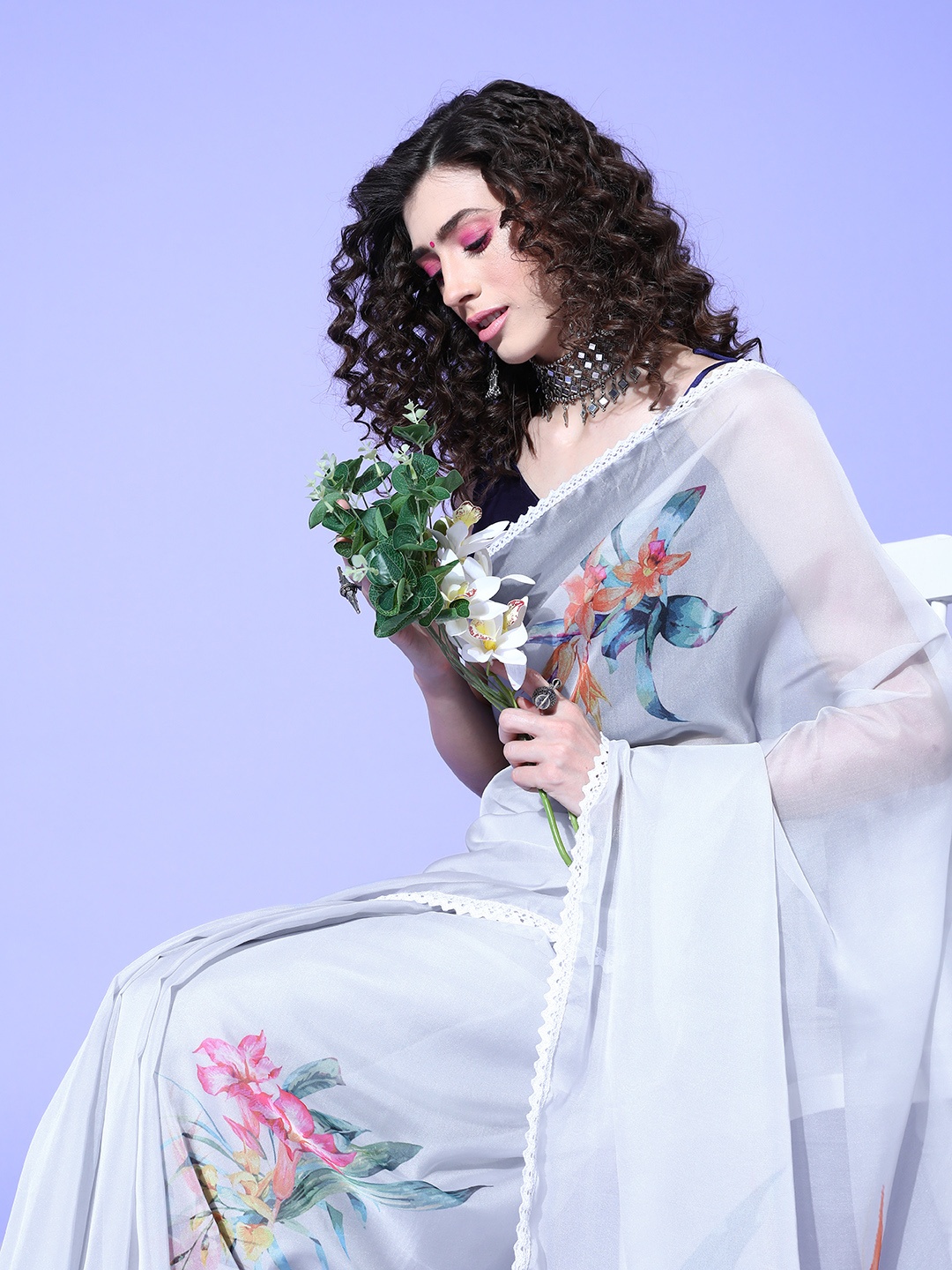 

Saree mall Floral Saree with Embellished Border, Grey