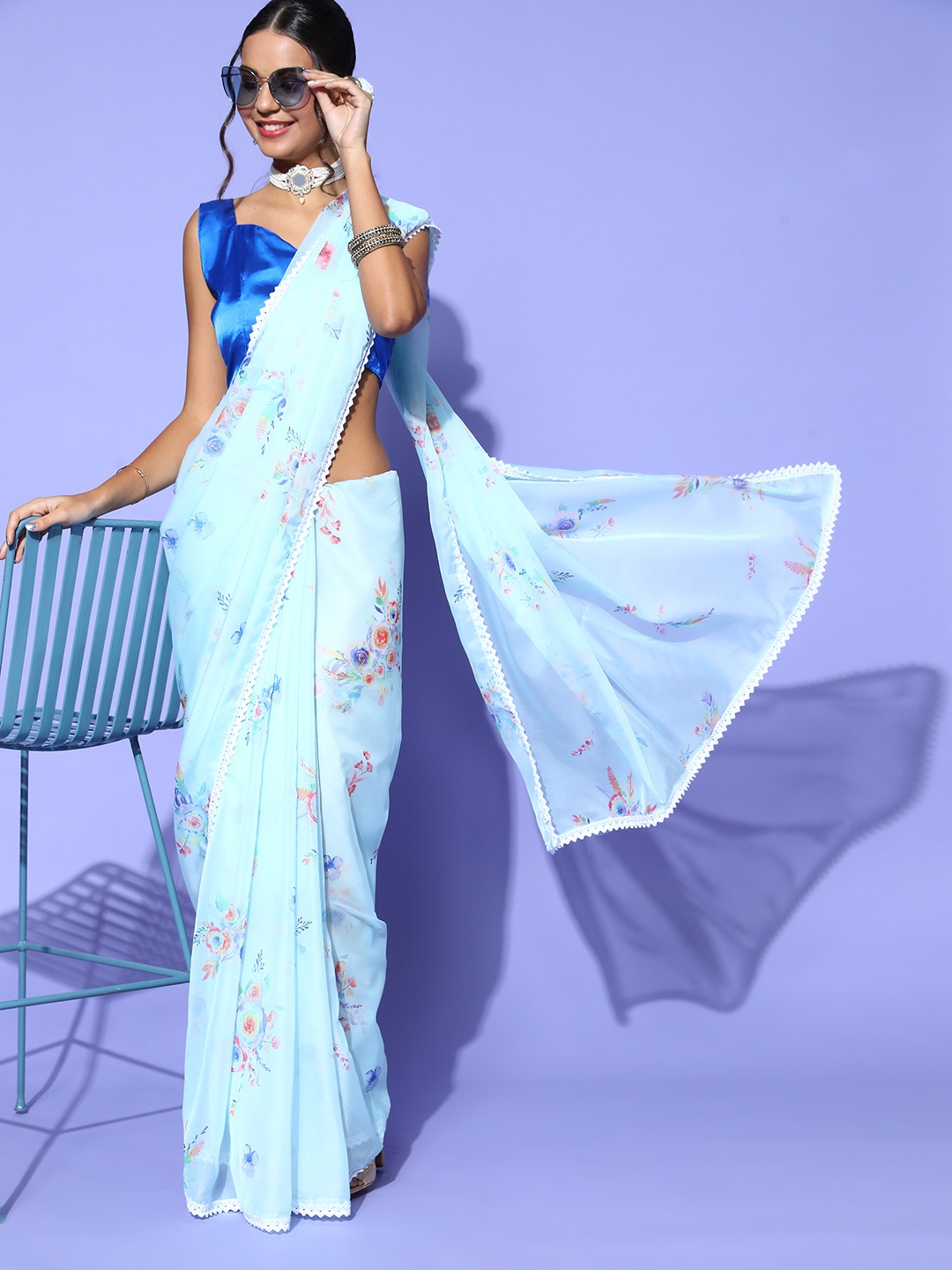 

Saree mall Floral Saree with Woven Design border, Blue