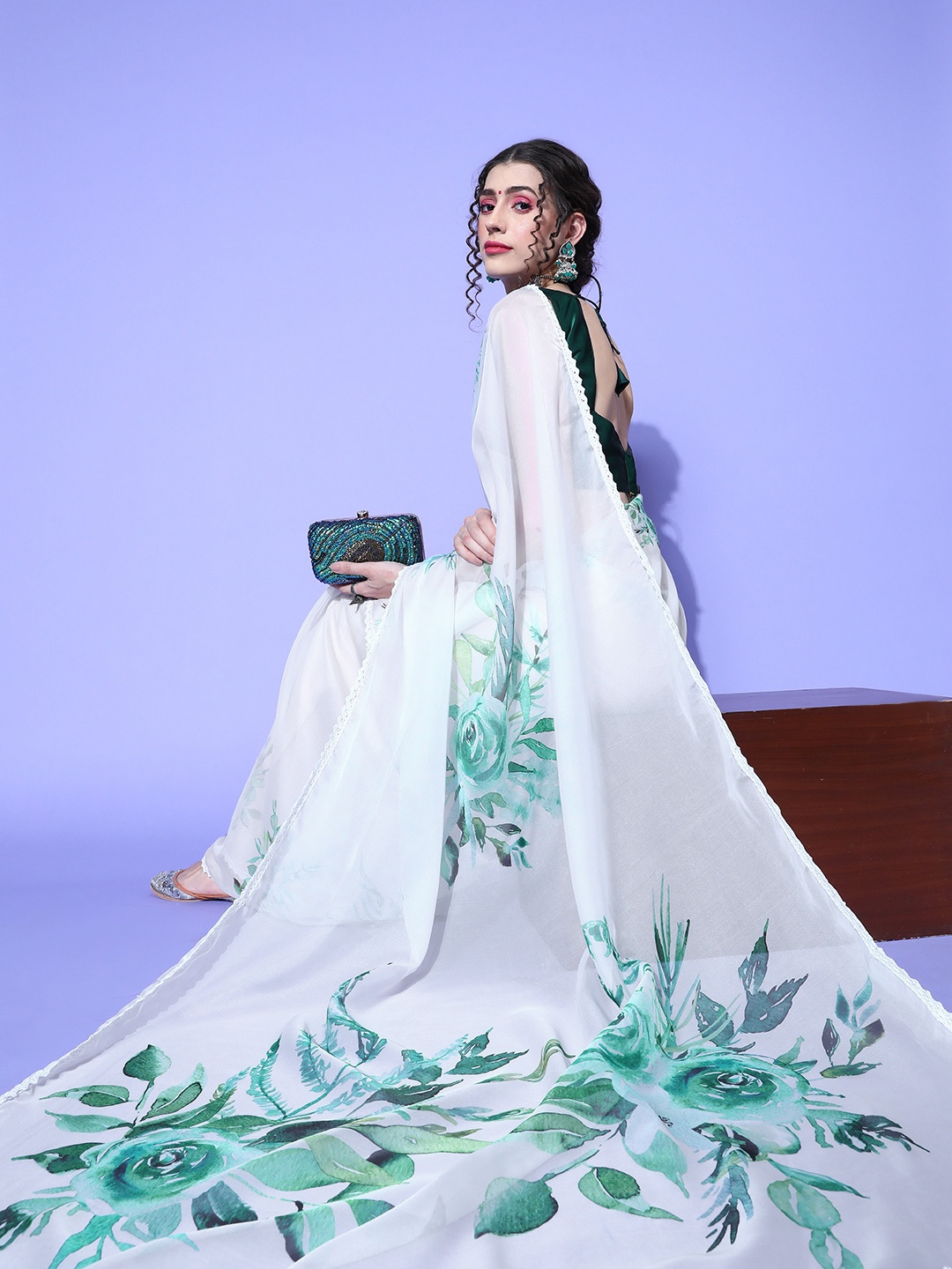 

Saree mall Floral Saree with Embellished Border, White