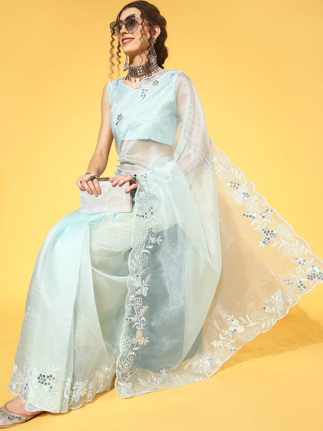 

Saree mall Floral Saree with Embellished Border, Blue