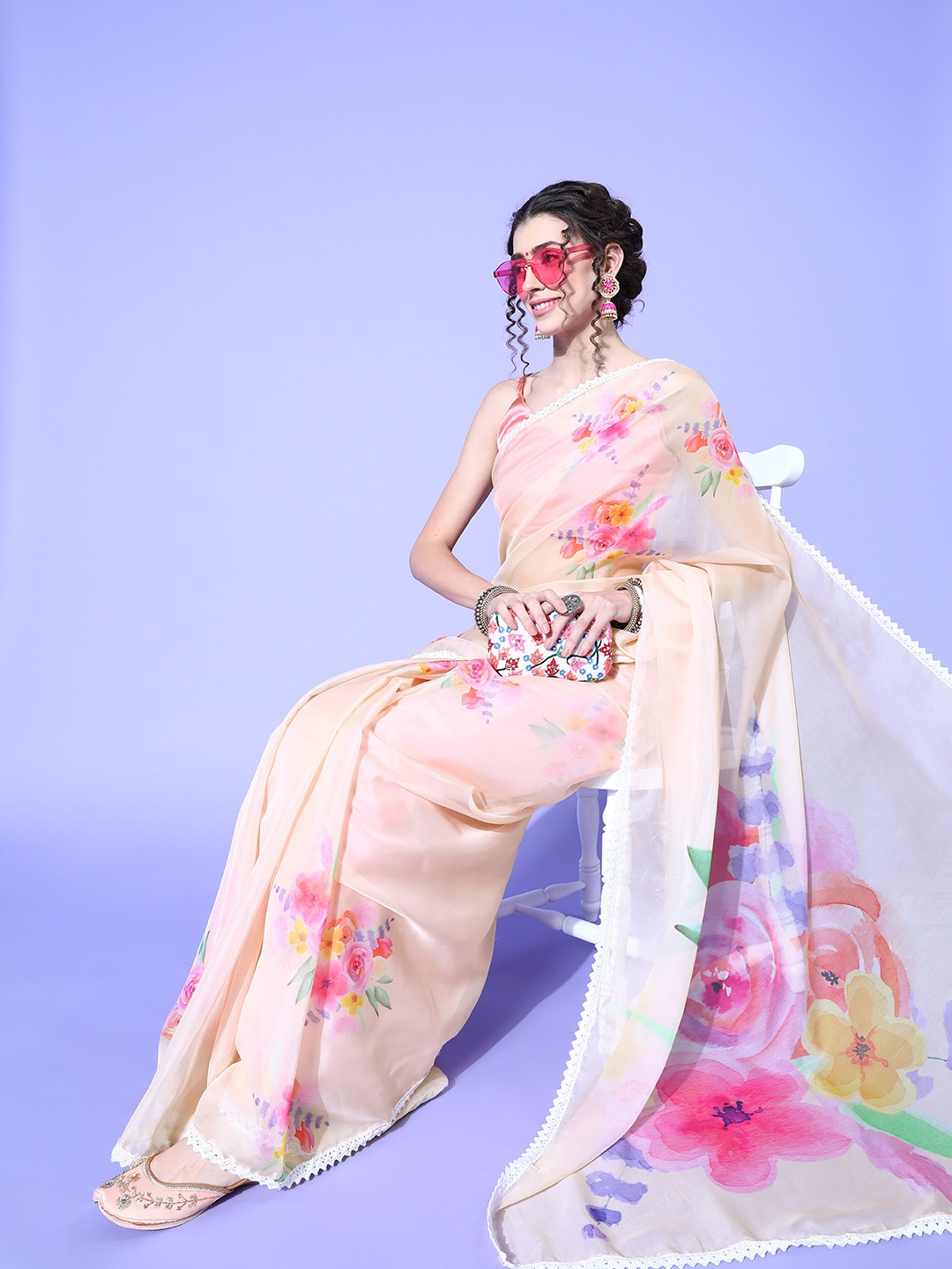 

Saree mall Peach-Coloured & Pink Floral Organza Sarees