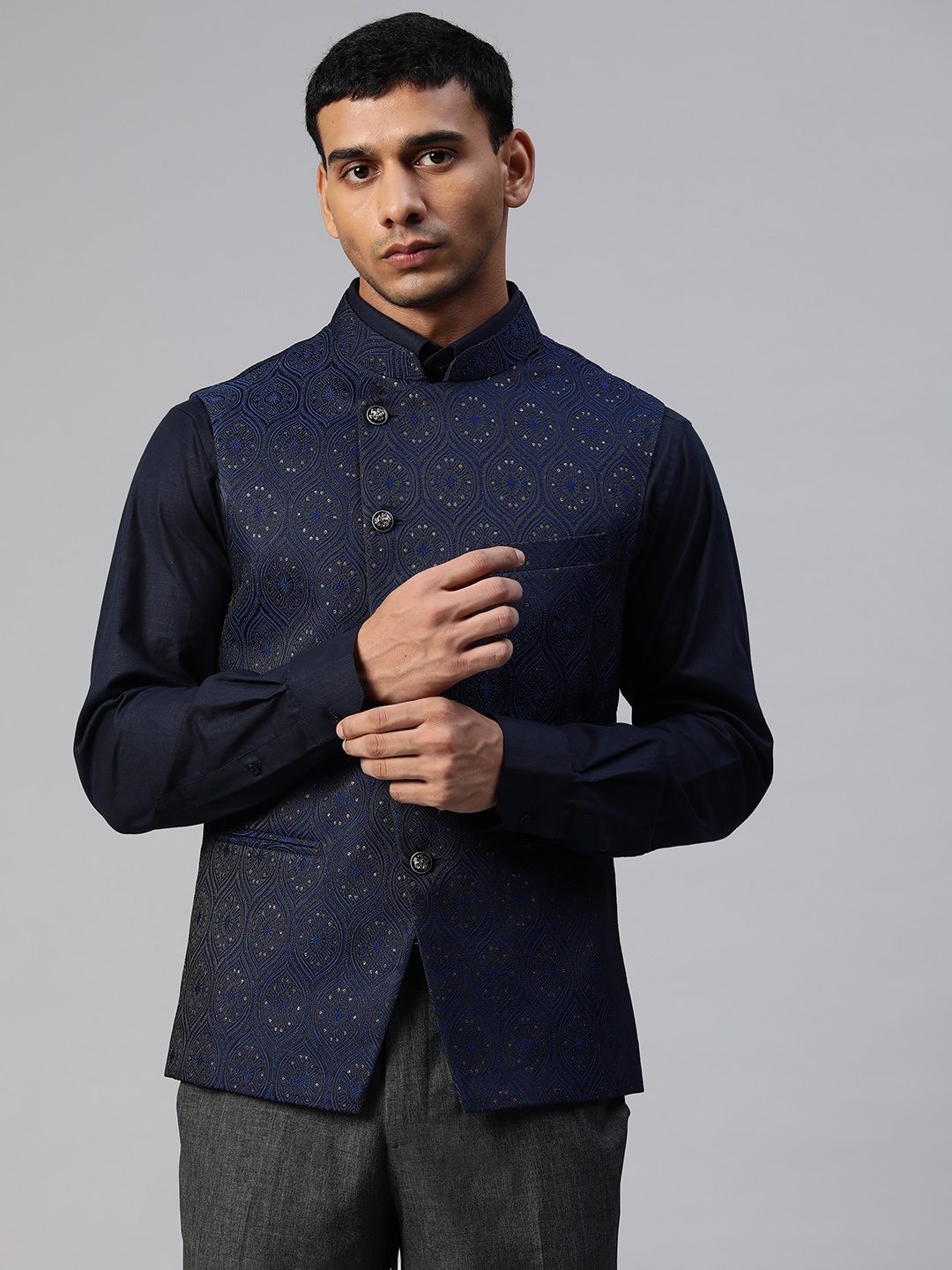 

MANQ Navy Blue Ethnic Motifs Jaquard Woven Design Nehru Jacket