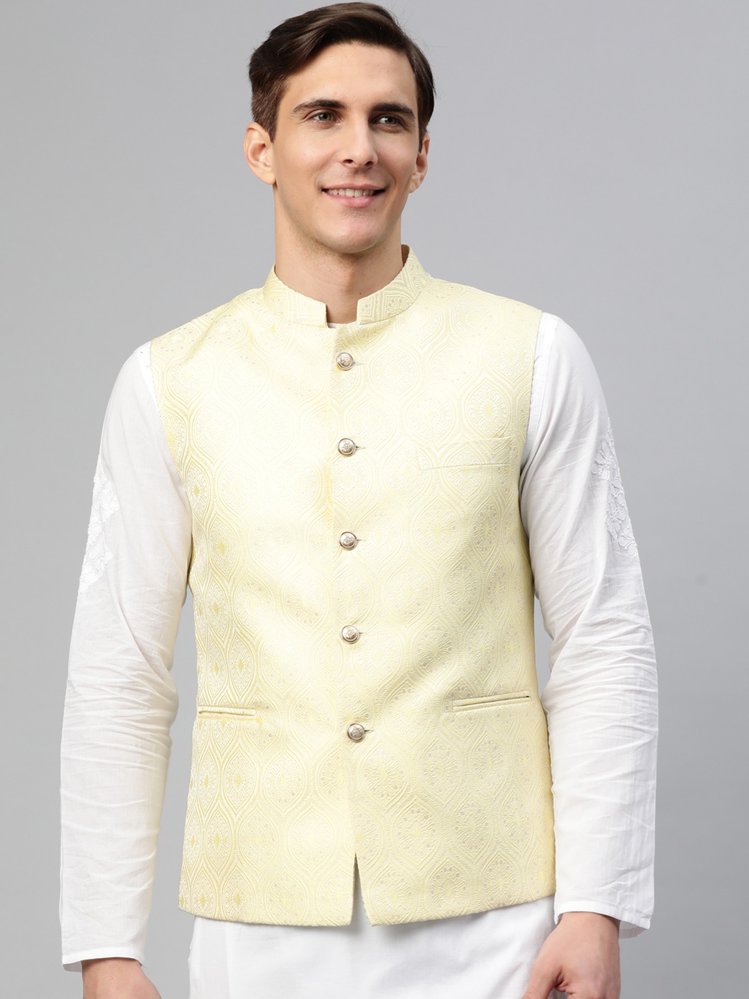 

MANQ Men Beige & White Ethnic Motifs Jaquard Woven Design Nehru Jacket