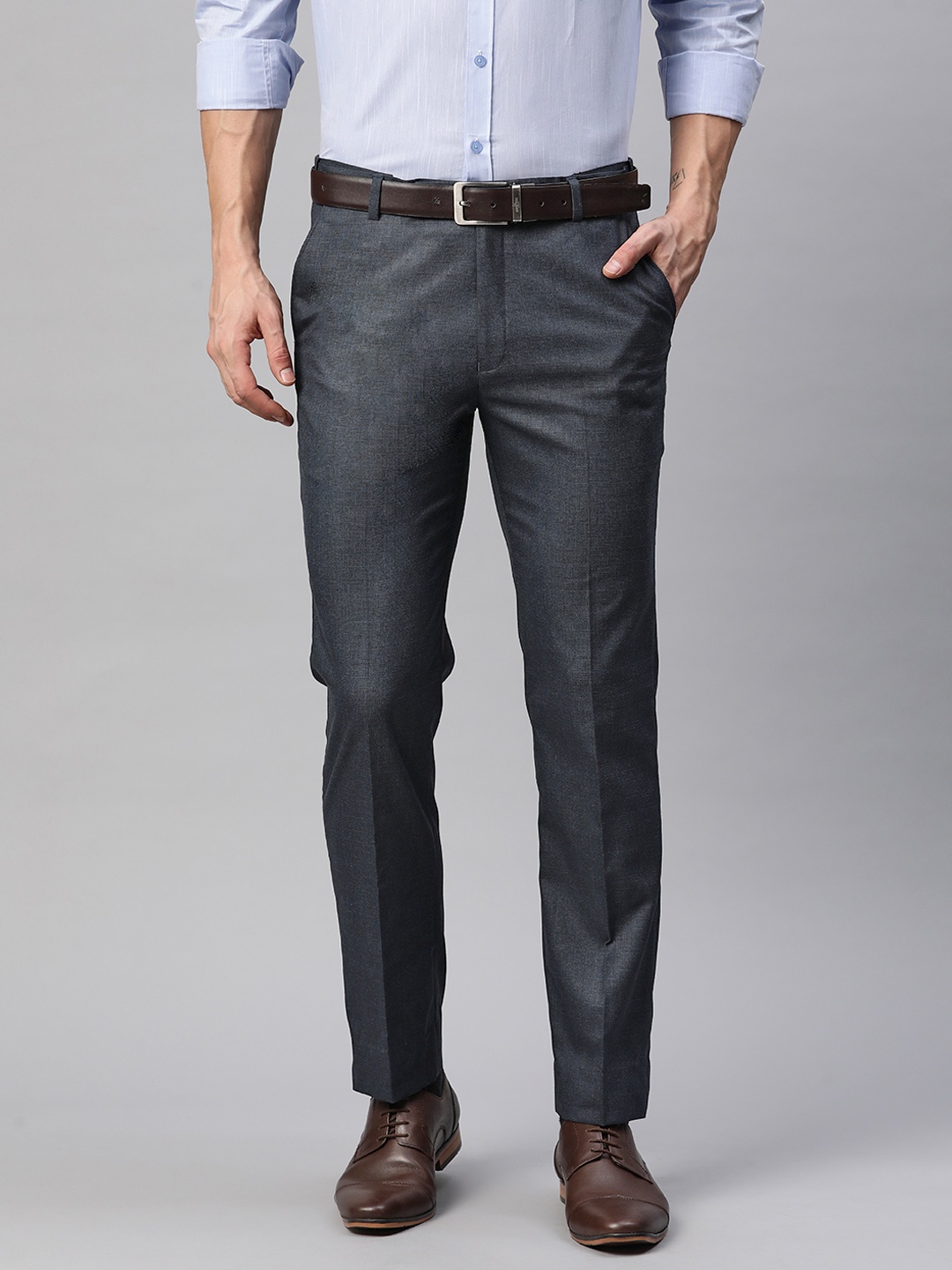 

MANQ Men Navy Blue Checked Slim Fit Trousers