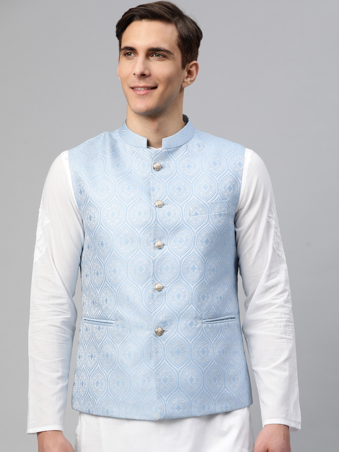 MANQ Blue & White Ethnic Motifs Jaquard Woven Design Nehru Jacket