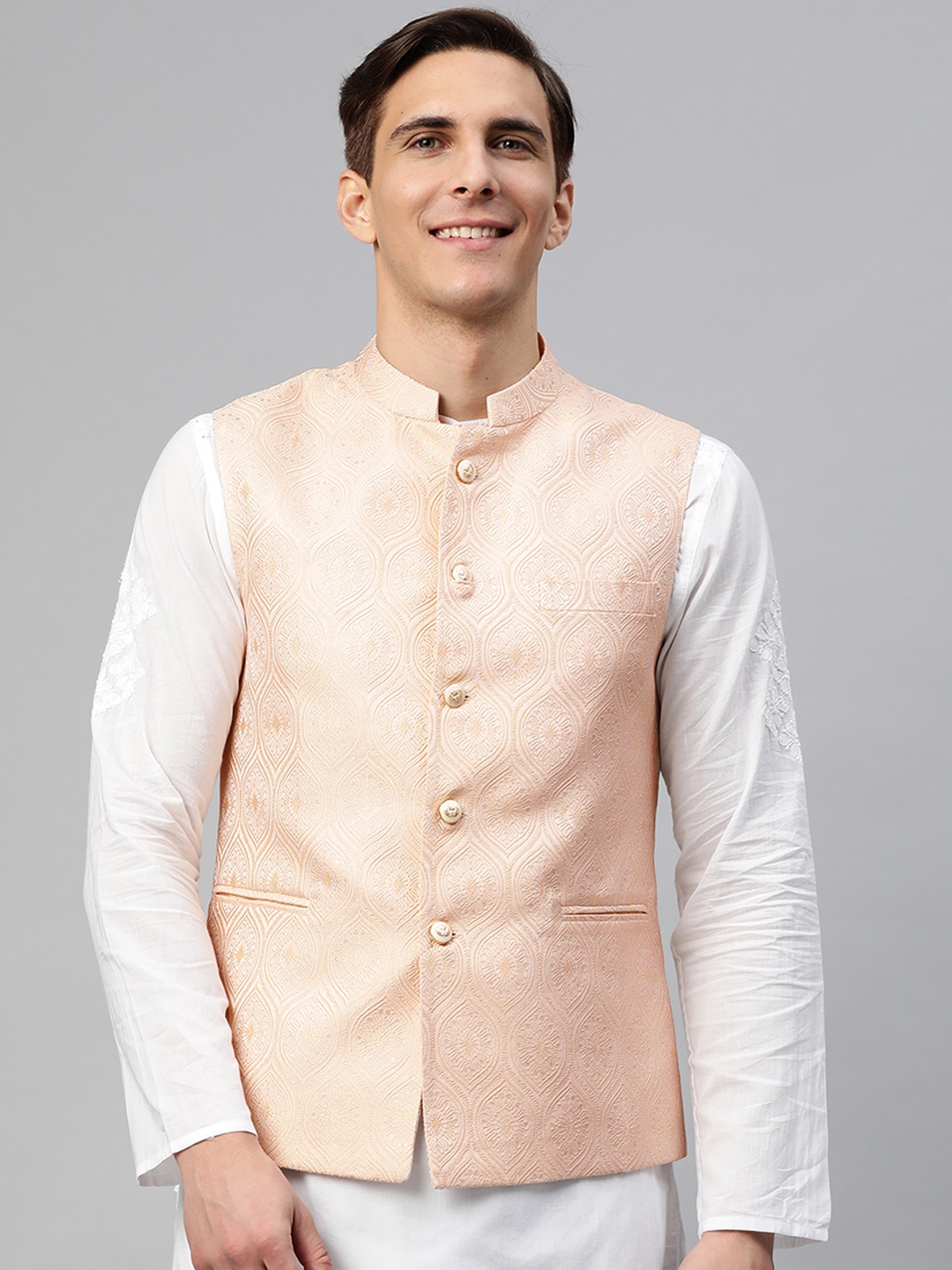 

MANQ Men Peach-Coloured Ethnic Motifs Jaquard Woven Design Nehru Jacket