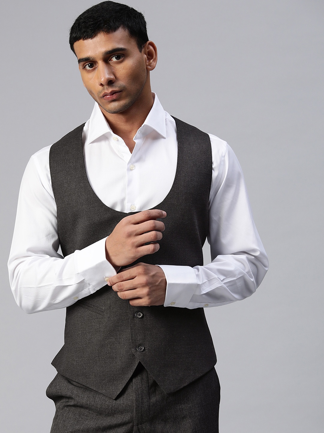 

ManQ Men Charcoal Grey Self Checked Slim Fit Formal Waistcoat