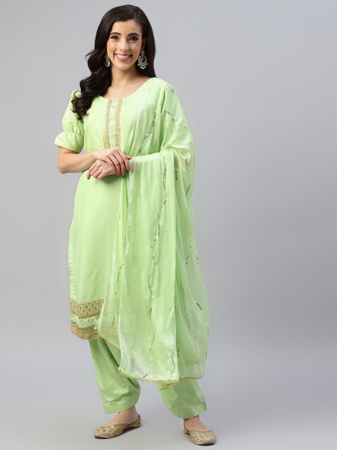 

KALINI Women Teal Blue Embellished Semi-Stitched Dress Material, Lime green