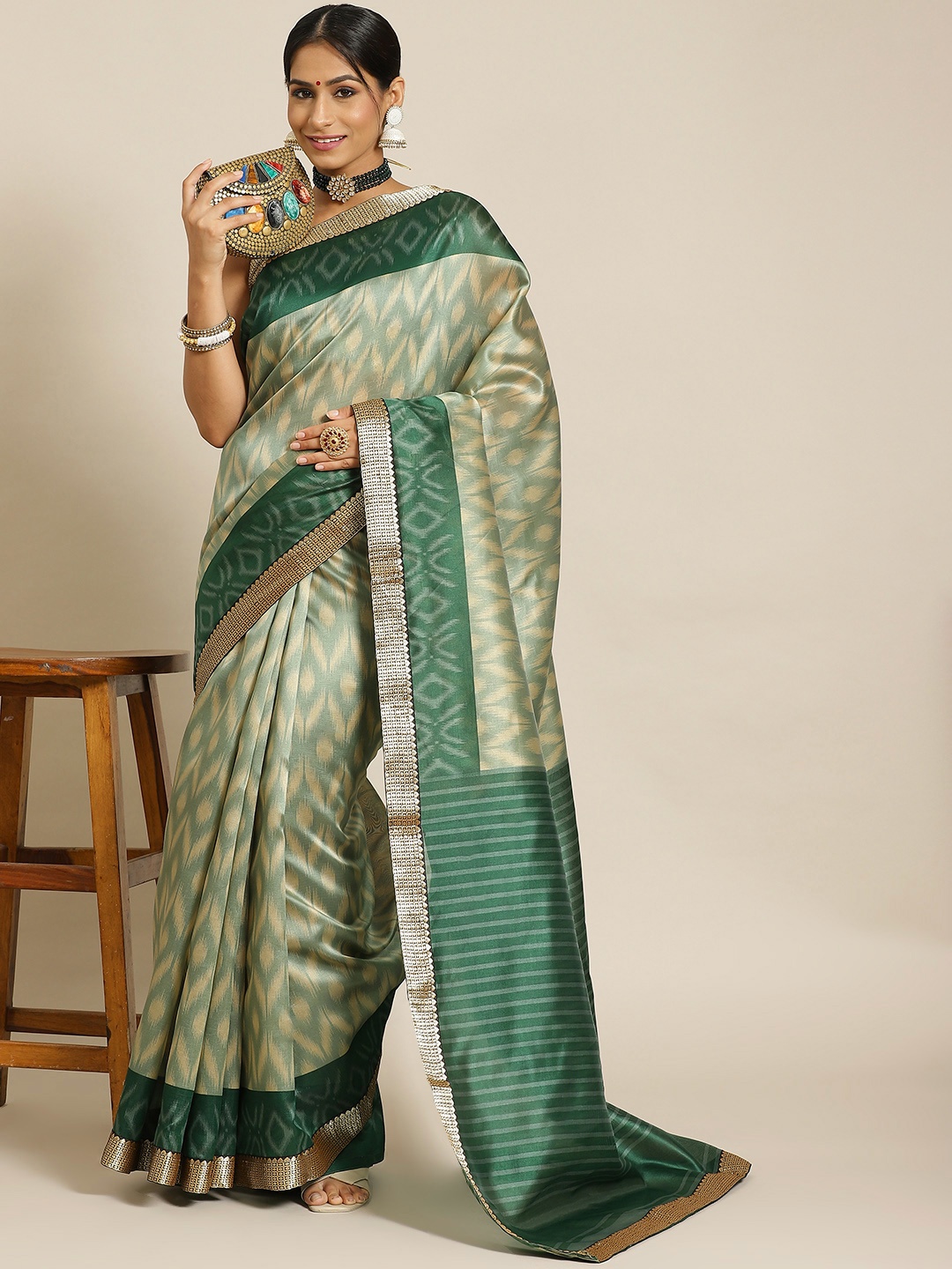 

KALINI Green Ethnic Motifs Silk Blend Bhagalpuri Saree