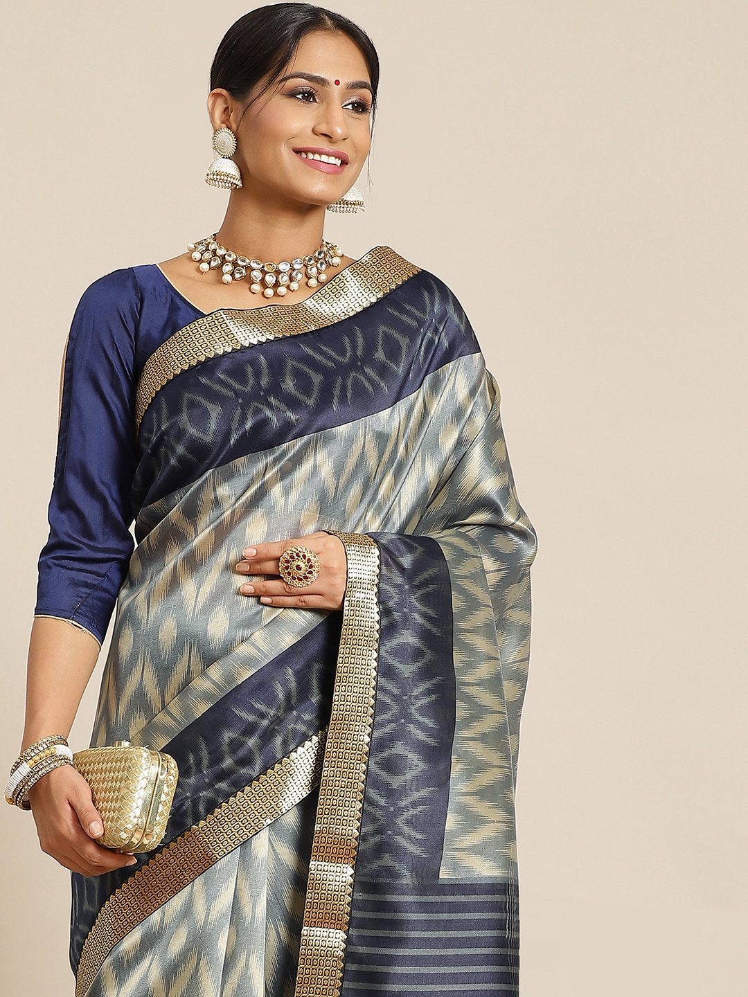 

KALINI Navy Blue & Beige Ethnic Motifs Silk Blend Bhagalpuri Saree