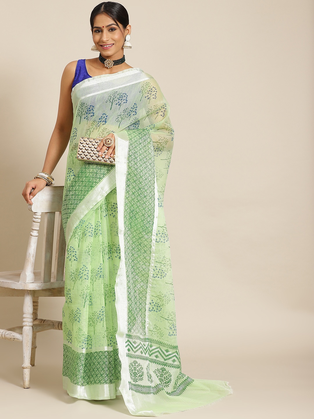 

KALINI Lime Green Ethnic Motifs Silk Cotton Kota Saree