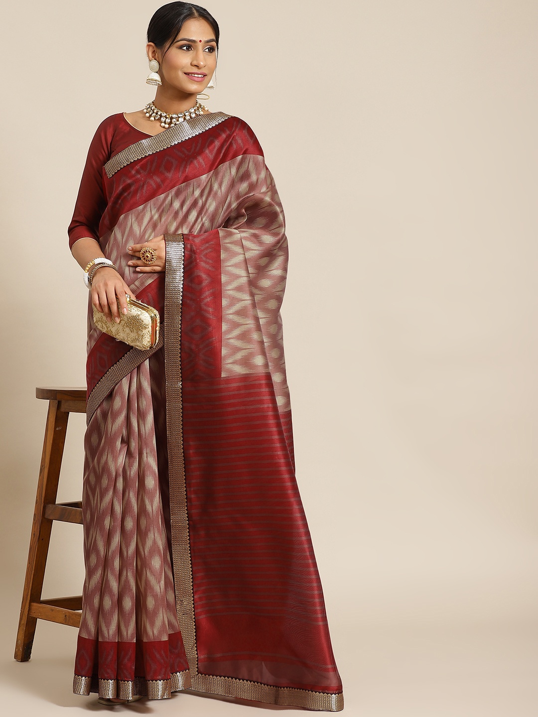 

KALINI Maroon & Beige Ethnic Motifs Silk Blend Bhagalpuri Saree