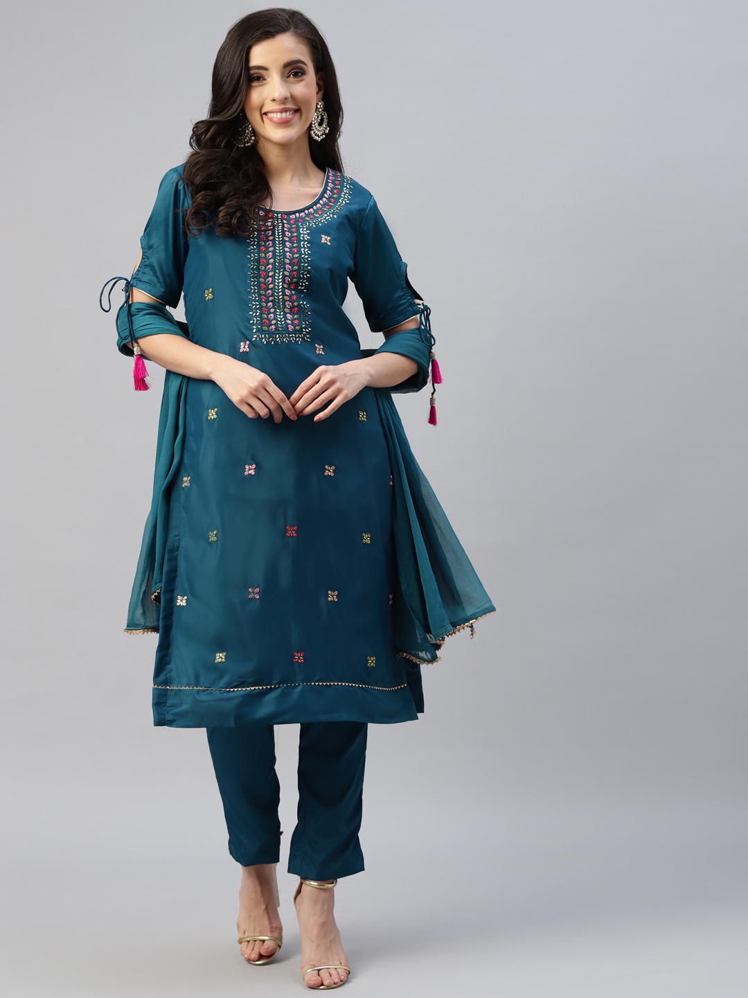 

KALINI Women Teal Blue Embroidered Semi-Stitched Dress Material