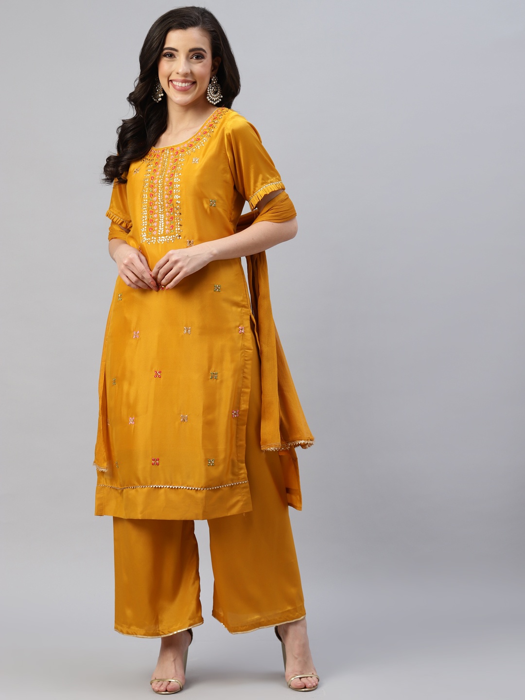 

KALINI Women Mustard Embroidered Mirror Work Semi-Stitched Dress Material