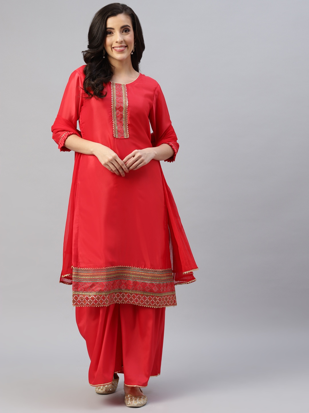 

KALINI Women Red Embellished Mirror Work Semi-Stitched Dress Material