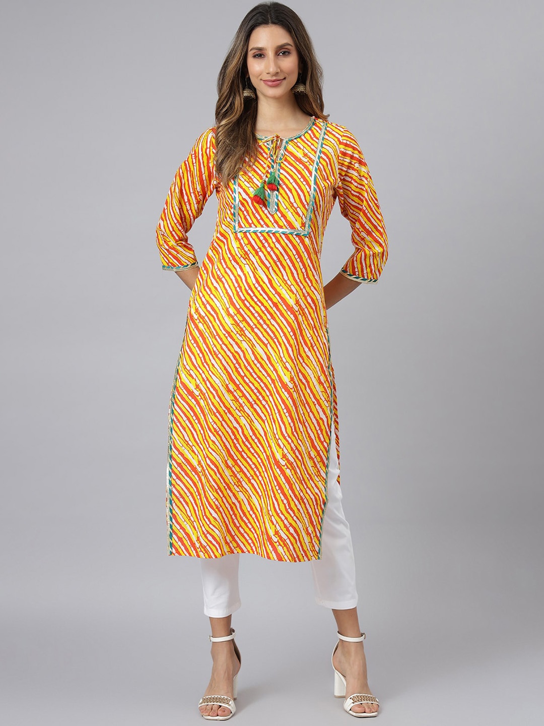 

JAIPUR ATTIRE Women Orange & Yellow Leheriya Printed Gotta Patti Pure Cotton Kurta