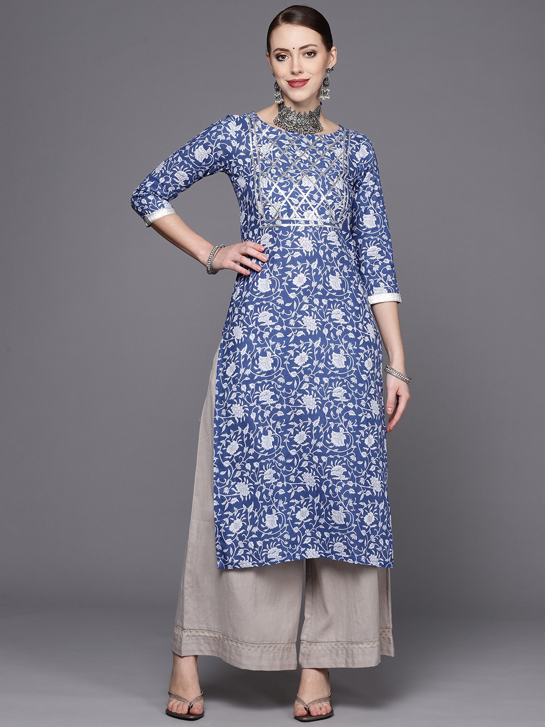 

Varanga Women Blue & White Ethnic Motifs Printed Gotta Patti Kurta