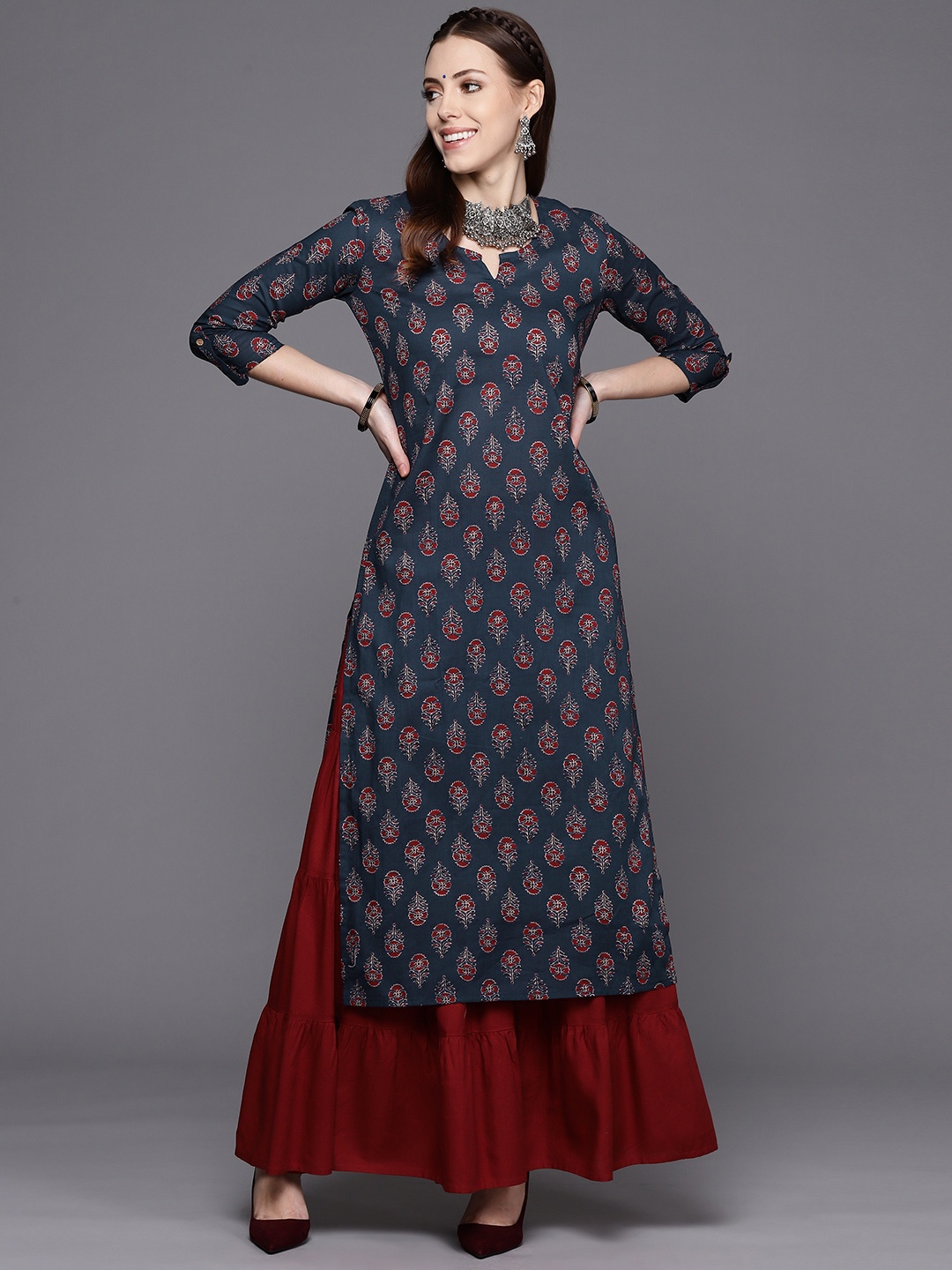 

Varanga Navy Blue Ethnic Motifs Jaipuri Printed Cotton Straight Kurta