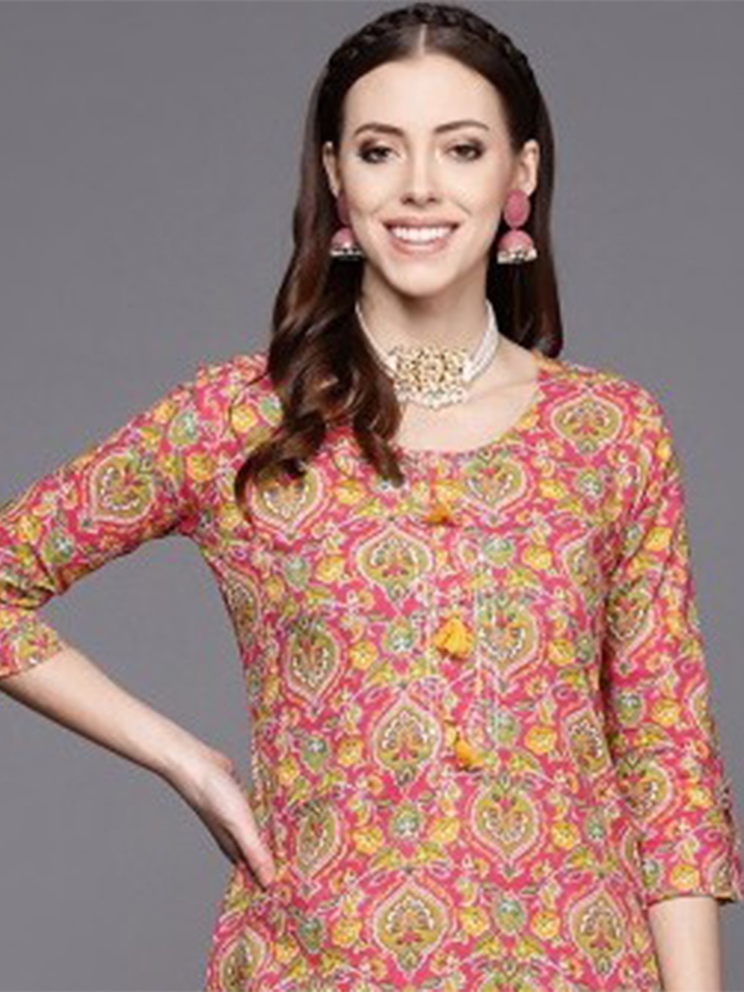 

Varanga Women Pink & Yellow Ethnic Floral Pure Cotton Printed sequin Detailed Kurta