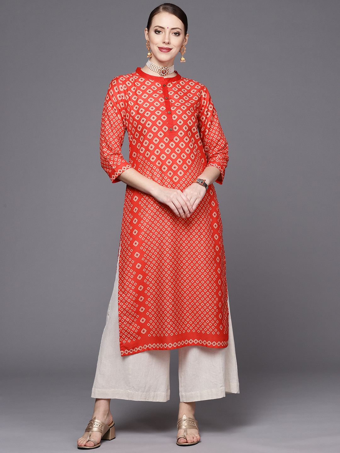 

Varanga Women Red & Cream-Coloured Bandhani Printed Kurta