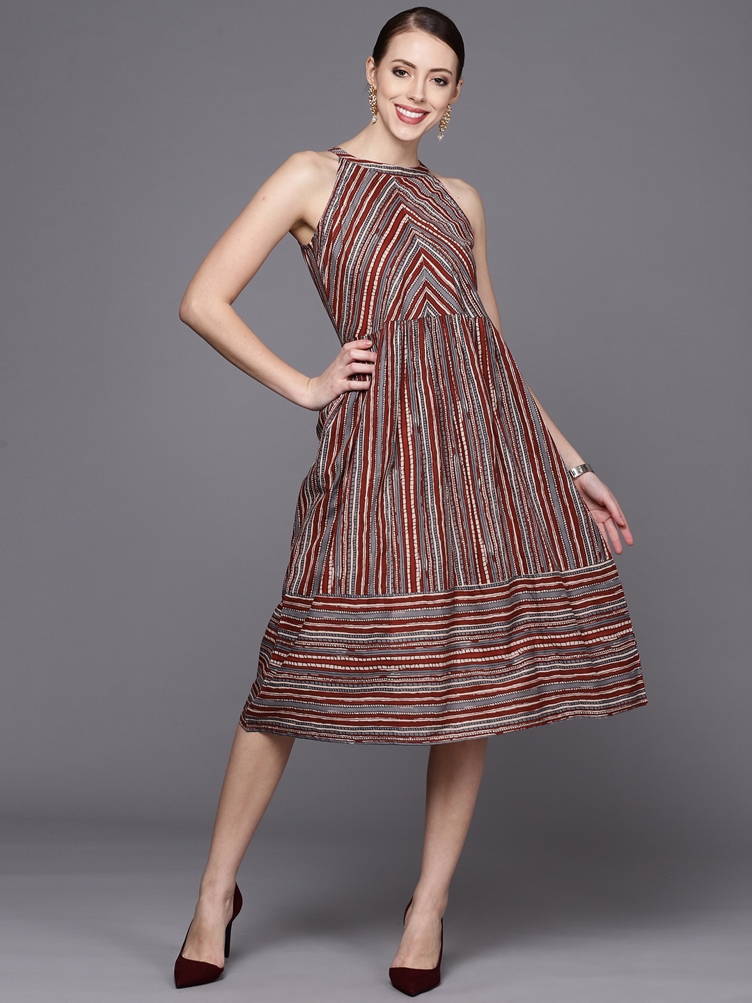 

Varanga Rust & Grey Striped Midi A-line Dress