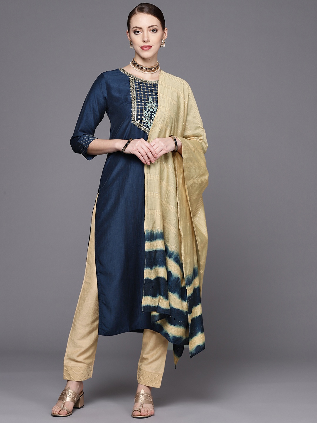 

Varanga Women Navy Blue Yoke Design Kurta with Trousers & With Dupatta