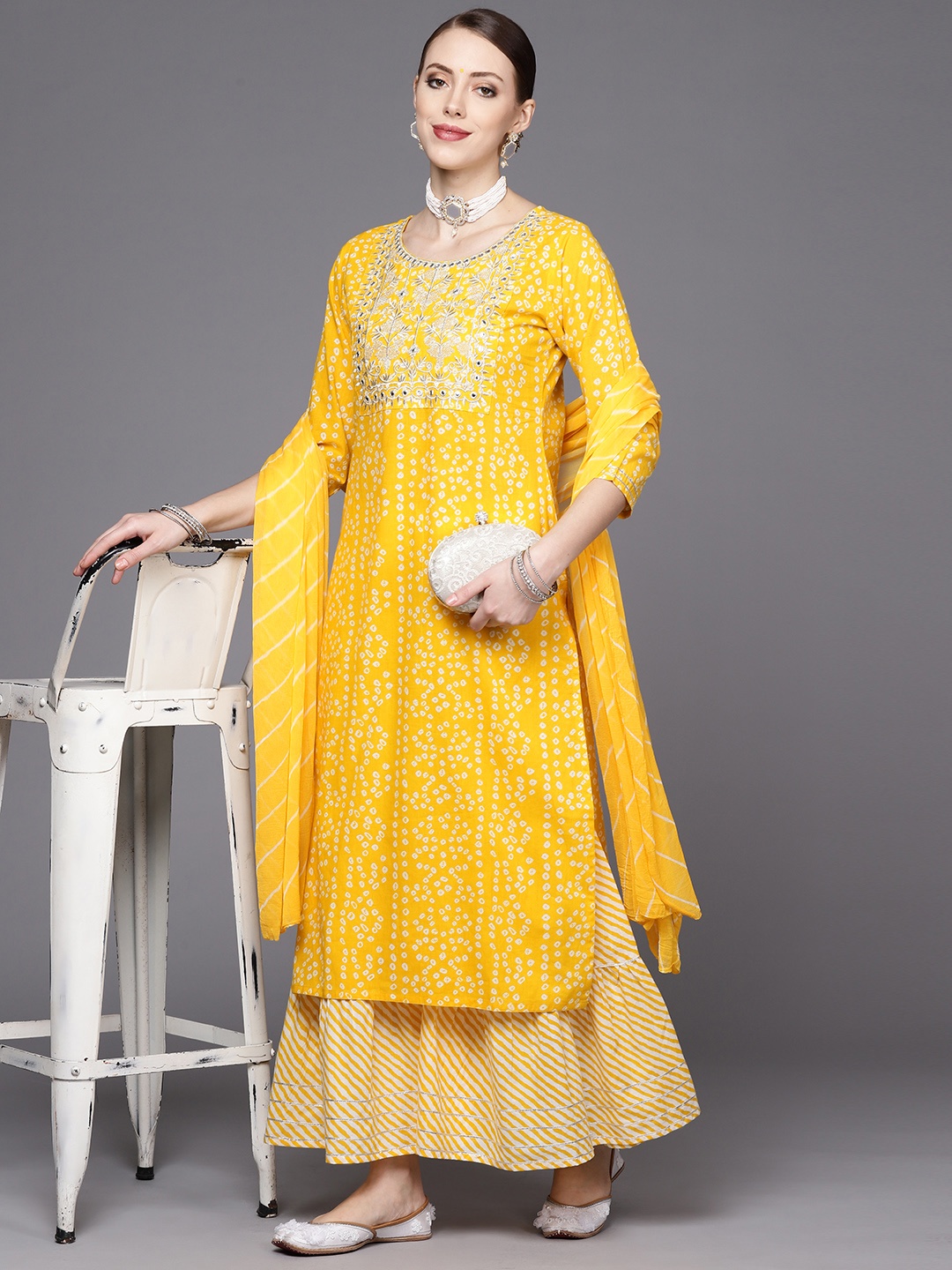 

Varanga Women Yellow Bandhani Yoke Design Pure Cotton Kurta with Sharara & With Dupatta