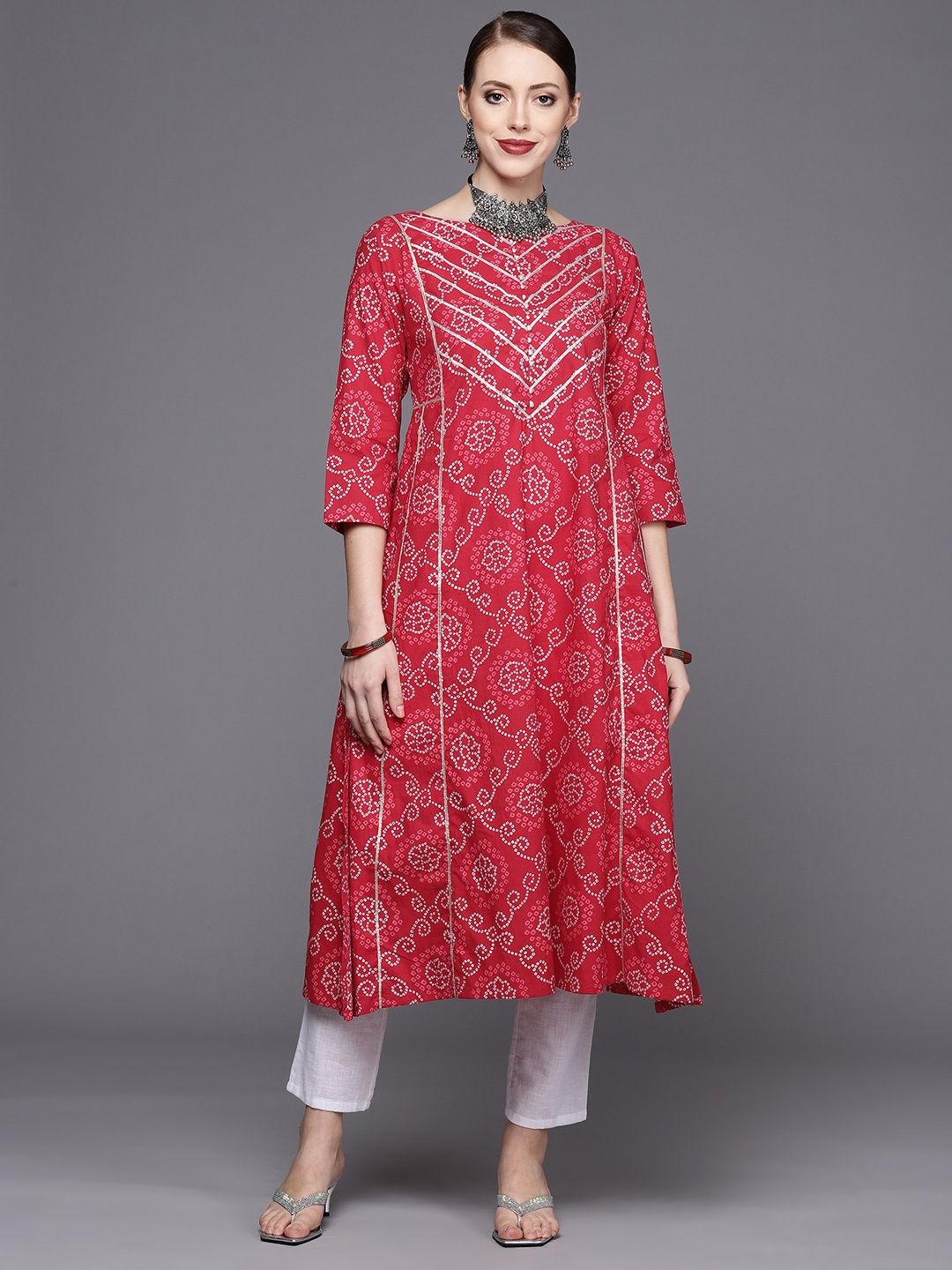 

Varanga Women Red & White Bandhani Printed Gotta Patti Kurta