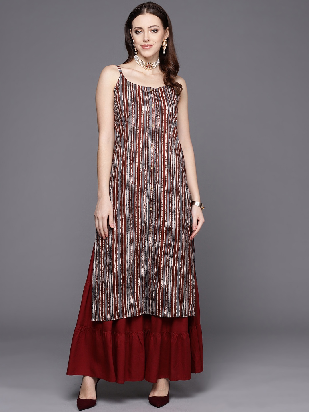 

Varanga Women Rust & Grey Striped Kurta
