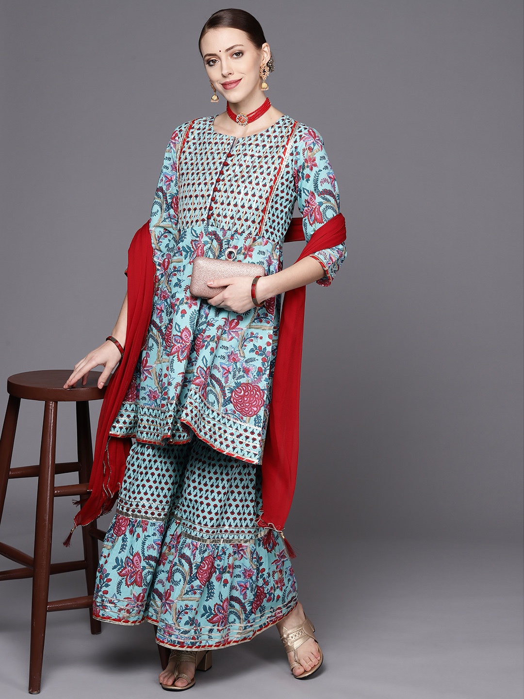 

Varanga Women Blue Floral Yoke Design Empire Gotta Patti Pure Cotton Kurta with Sharara