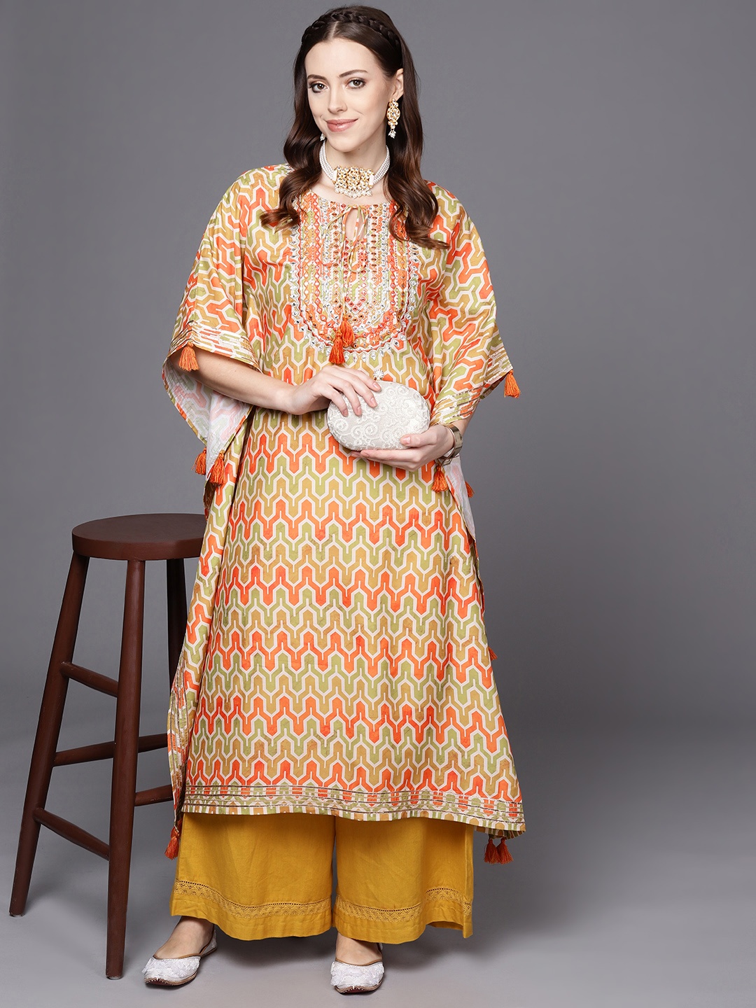 

Varanga Women Orange & Yellow Geometric Printed Flared Sleeves Mirror Work Kaftan Kurta