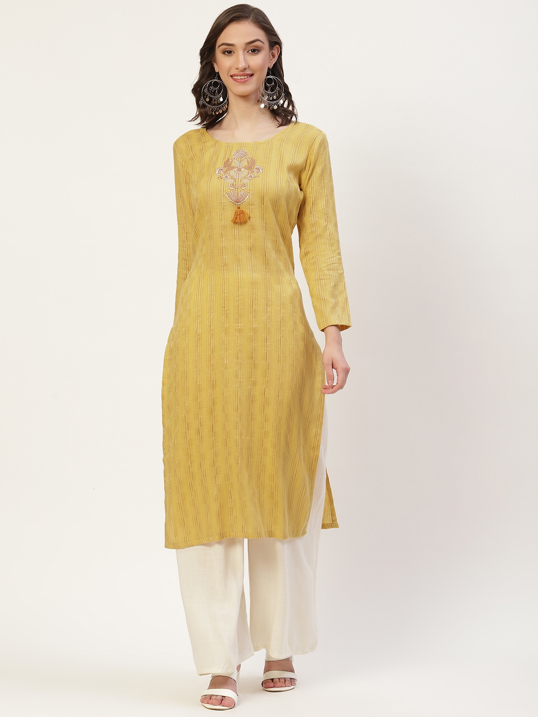 

VAABA Women Mustard Yellow Thread Work Kurta