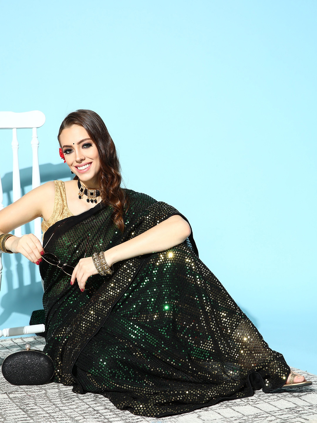

Mitera Green Embellished Sequinned Saree
