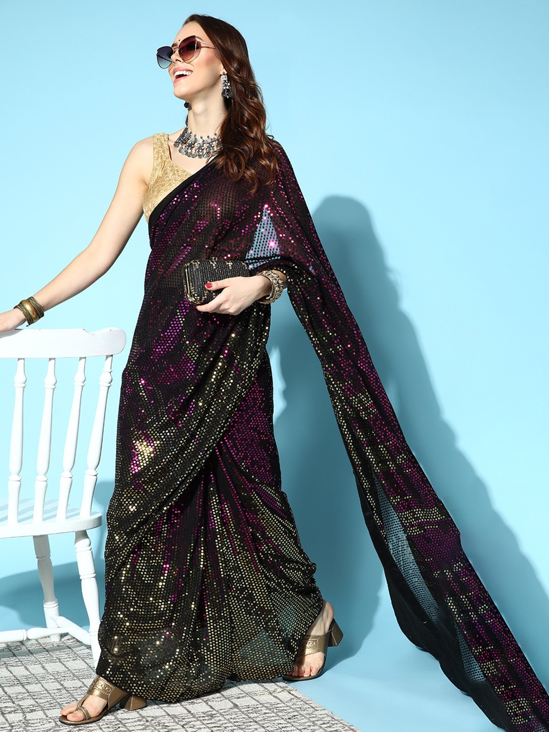 

Mitera Pink & Green Embellished Sequinned Saree
